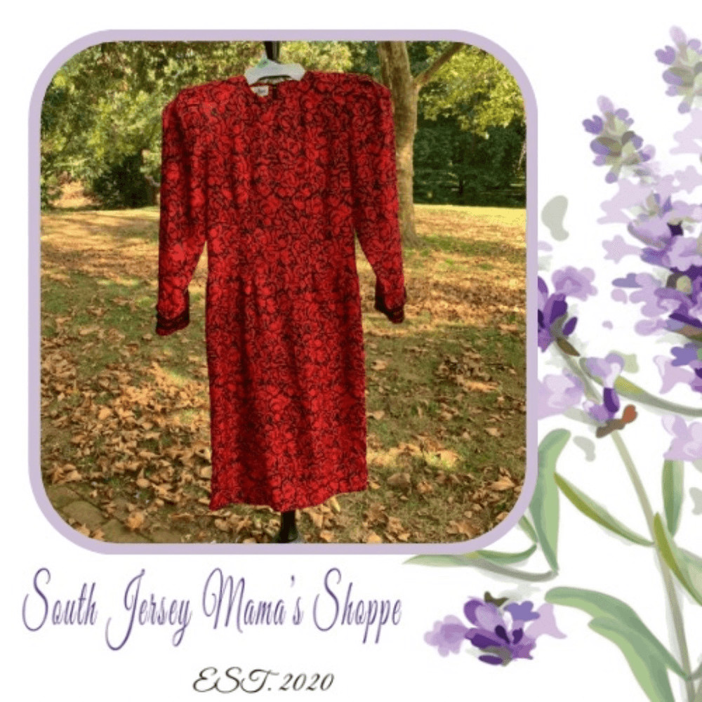 Vintage 1980s Size 2 Petites For Maggy Red & Black Floral Long Sleeve Dr