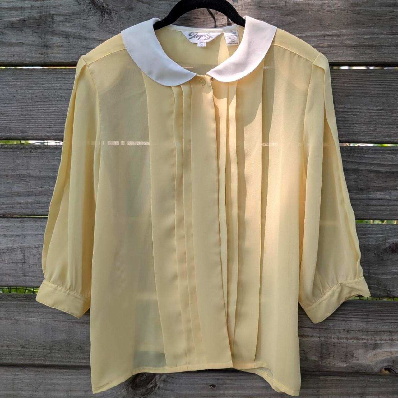 Vintage butter yellow sheer peter pan collar blouse size 14 shoulder pads 80s