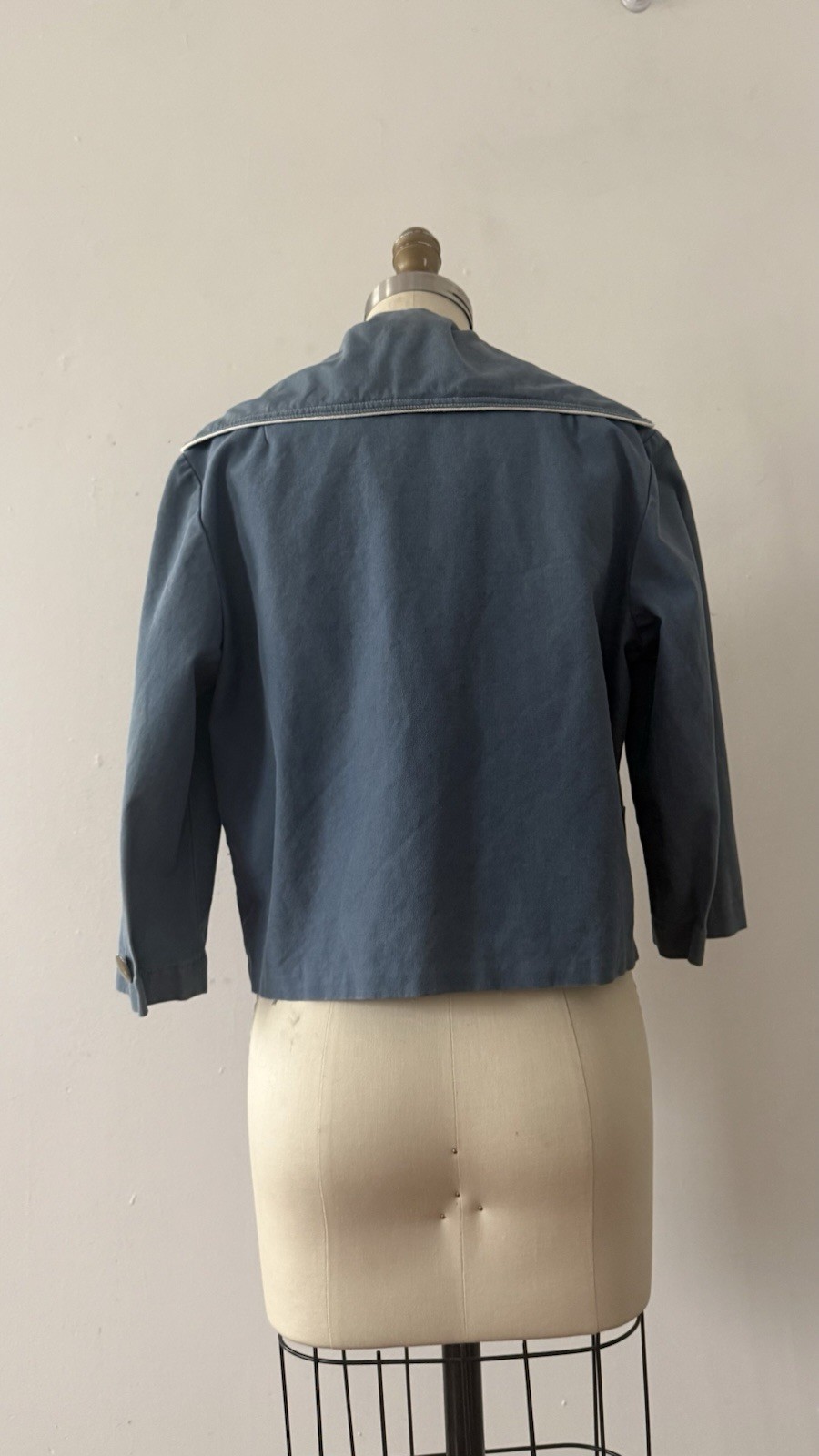1950s Sailor Collar Cropped Jacket Dusty Blue Rayon Faille Nautical Sportswear
