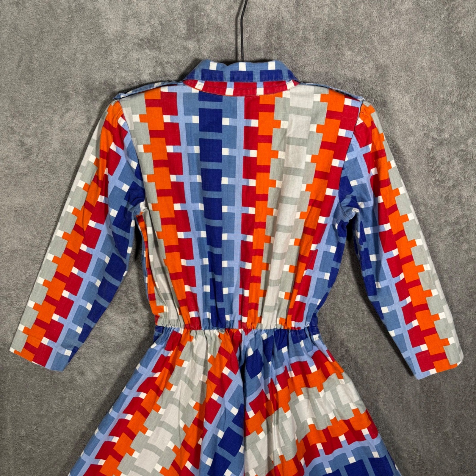 Vintage Geometric Pixel Print Fit & Flare Shirt Dress Multicolor 70s Style MCM