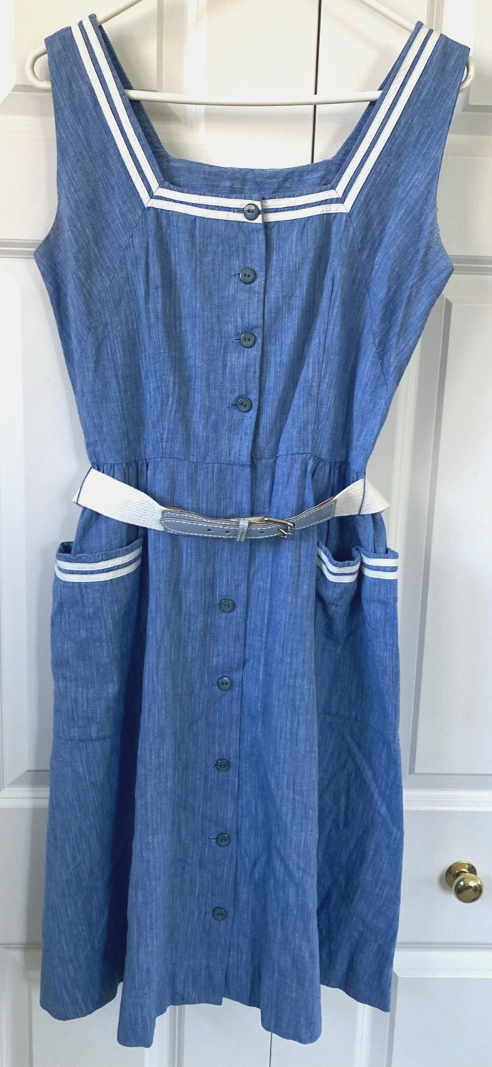 Classic VTG 50S STRAWSTACK Blue Cotton SHIRTWAIST DRESS
