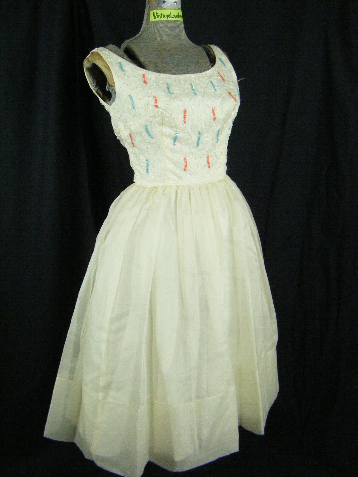 CAREER GIRL Vtg 50s Ivory Crepe/Coral Blue Sequin Beaded Party Dress-Bust 31/2XS