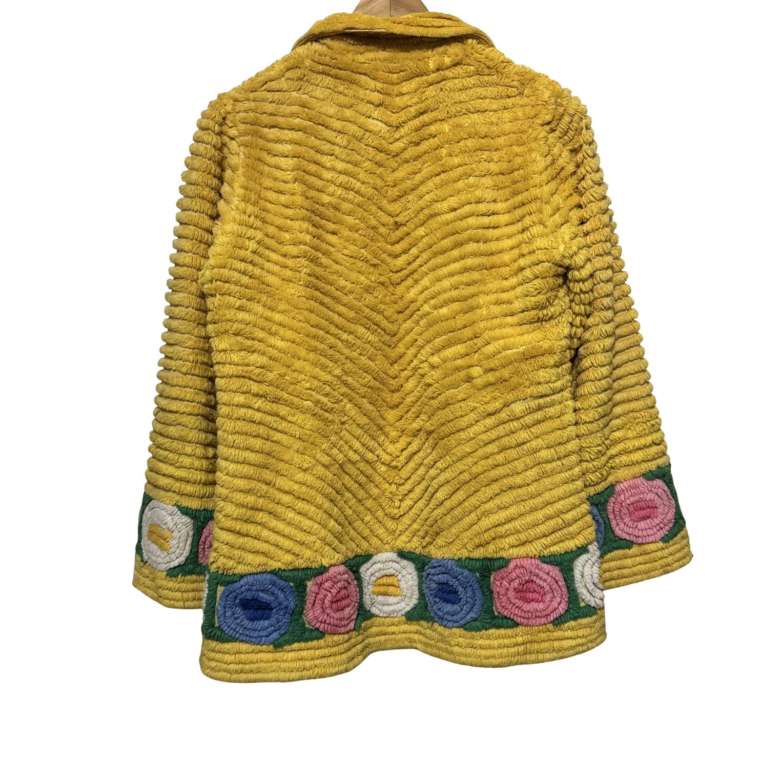 Vintage 1930s Chenille Floral Yellow Jacket short robe coverup size Small