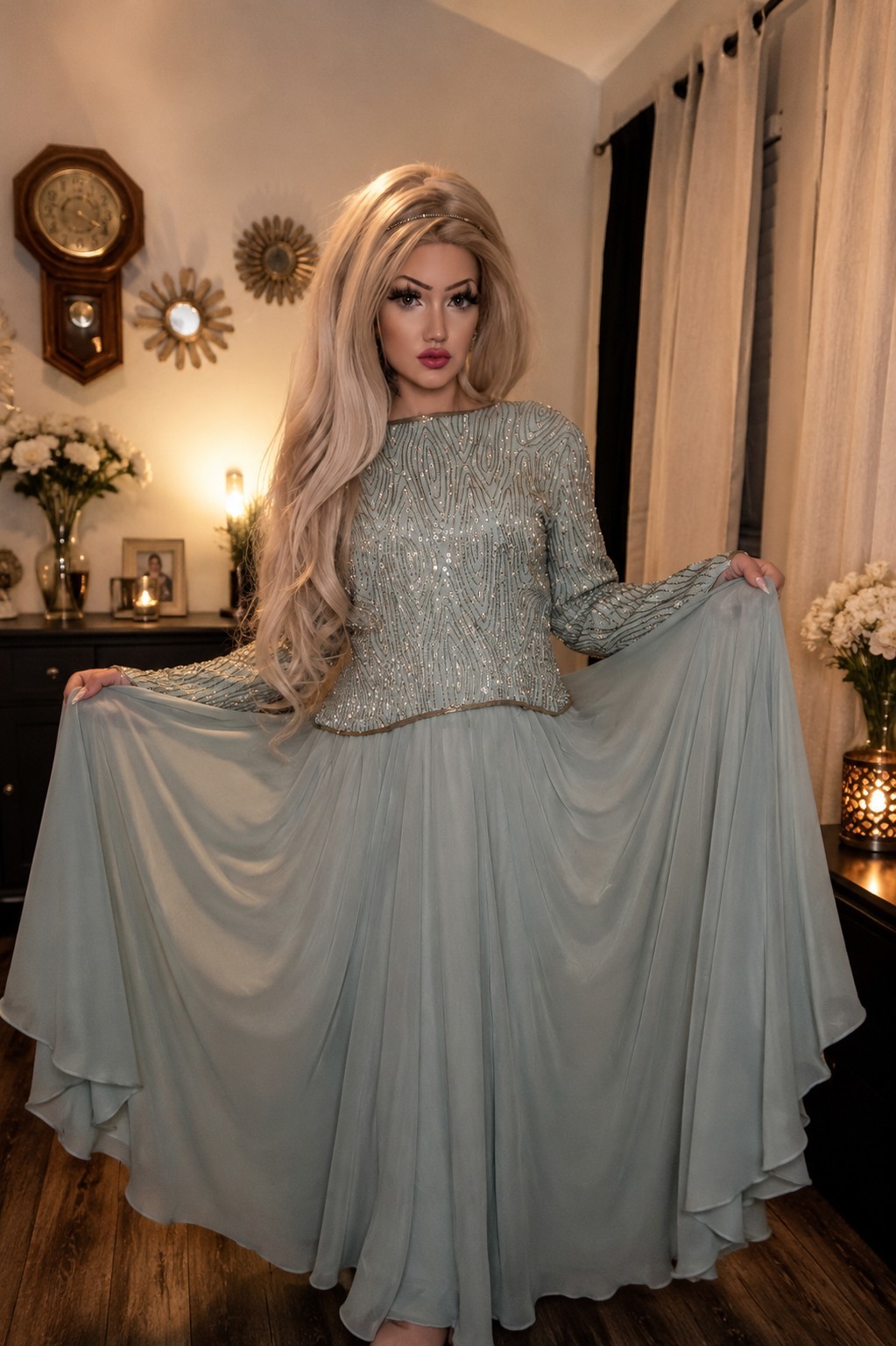 Vintage Jack Bryan Mint Green Beaded Sequin Chiffon Maxi Gown Size L/XL 14 16