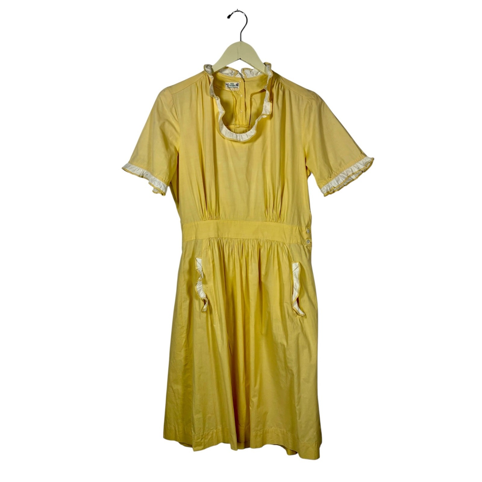 1950s Expensive Simplicity Yellow Cotton Ruffle Maids Uniform Dress As Is