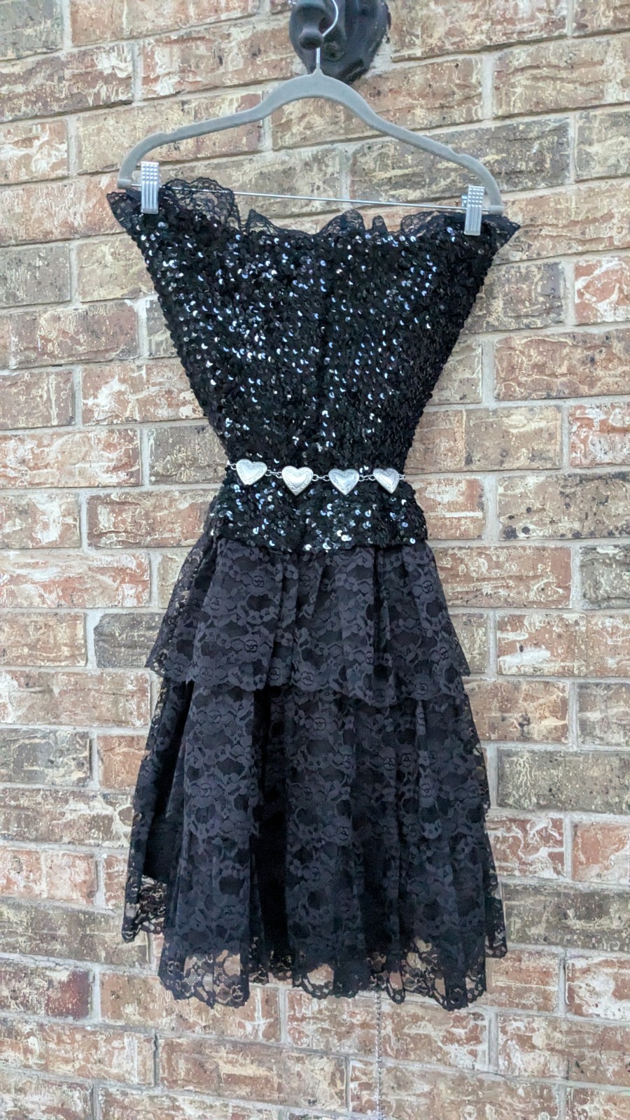 Vintage Flirtations 80s One Size S/M Sequin+Layered Lace Cocktail Party Dress