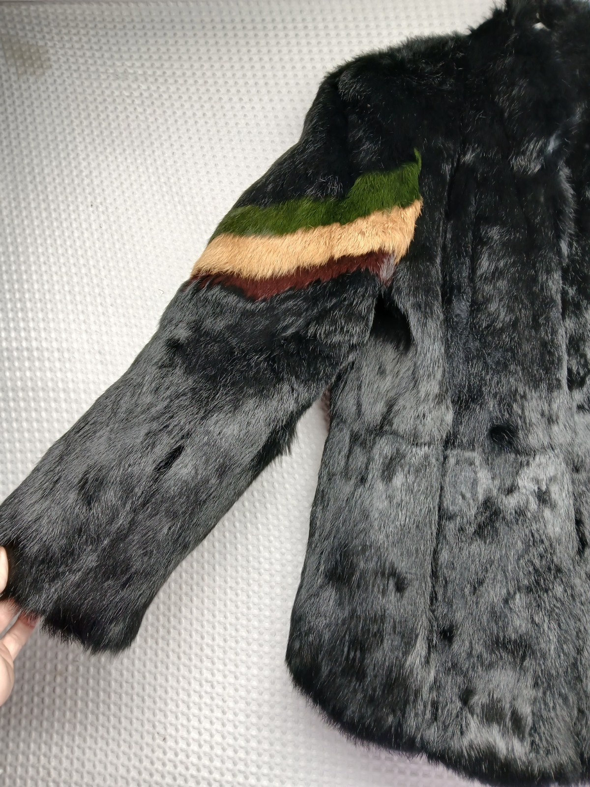 VINTAGE MULTICOLOR GENUINE RABBIT FUR SATIN LINING COAT WOMEN’S L FREE SHIP NICE