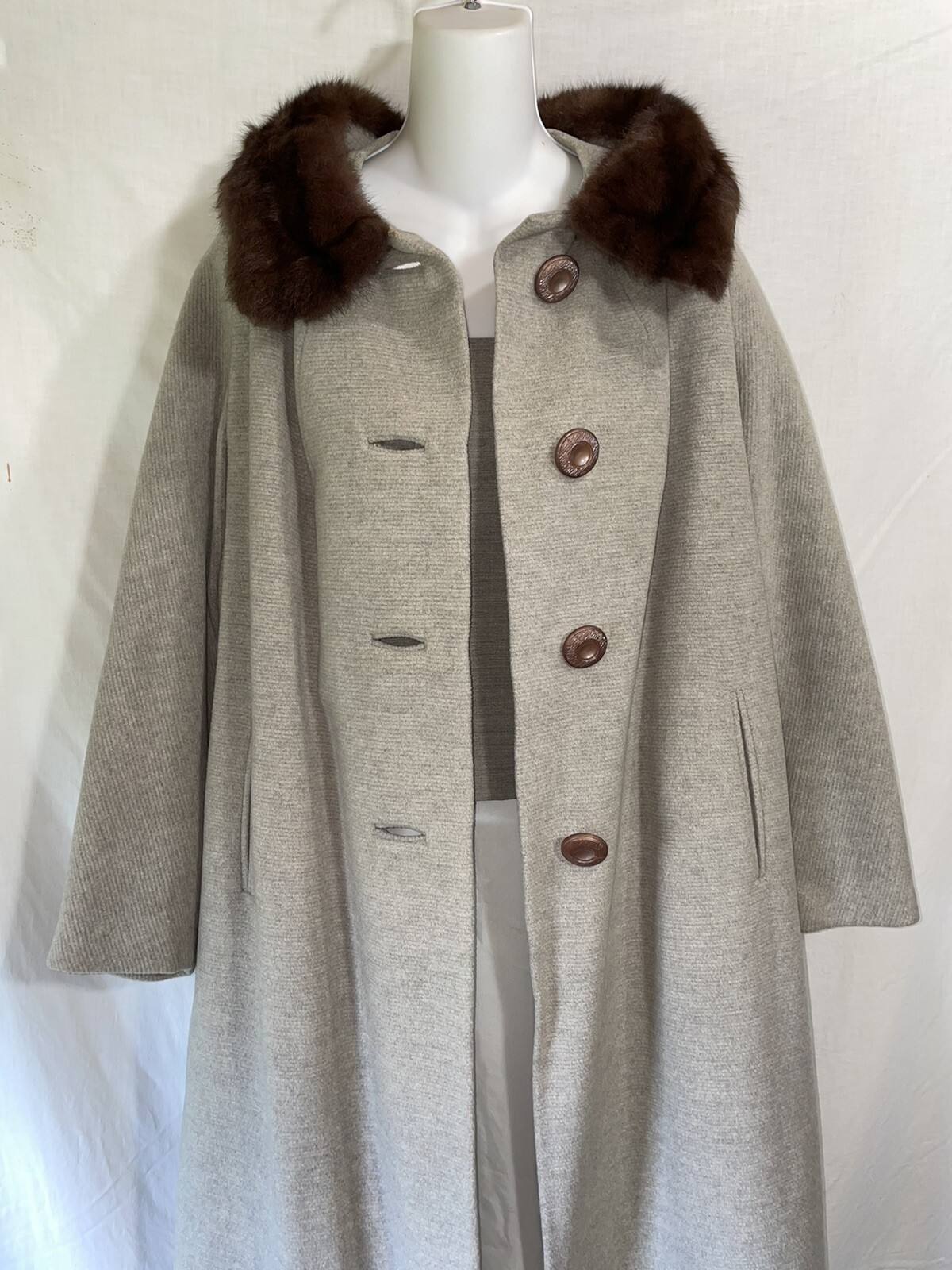 Vintage Coat Medium Large Long Gray Faux Fur Trim Overcoat Evening Jacket 50s