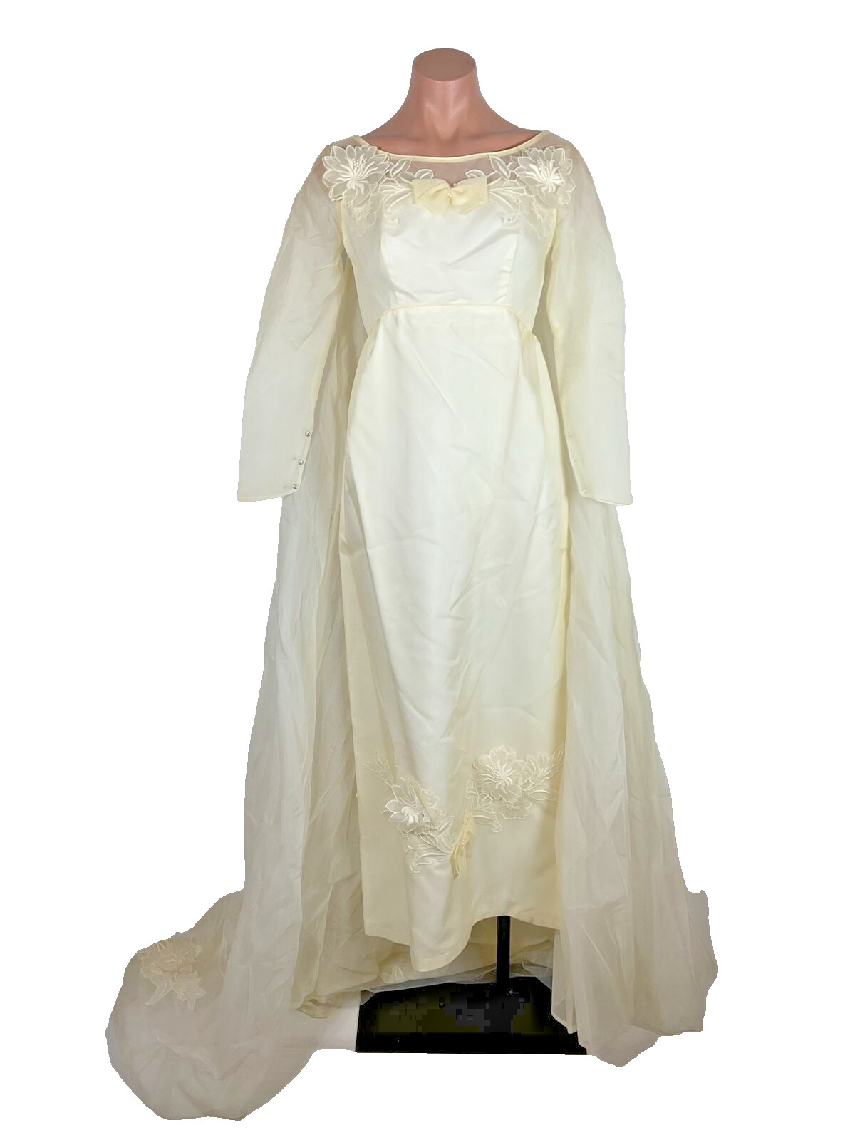 Vintage 60s Bohemian Organza 3d Flowers Wedding Dress Sheath Cape/Veil