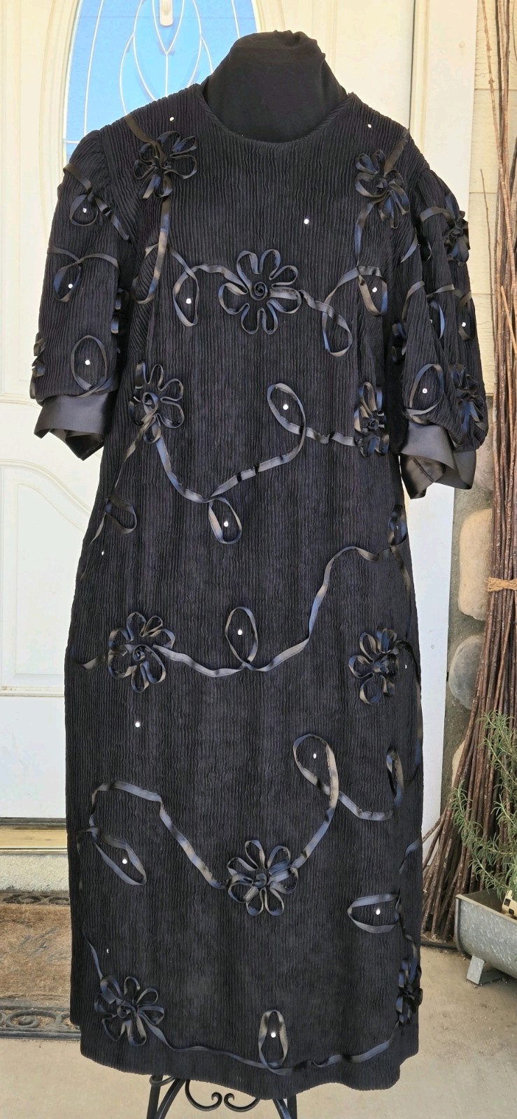 1980s LESLIE FAY Black Ribbed Cocktail Dress Ribbon & Gem Accents Zip Back L-XL
