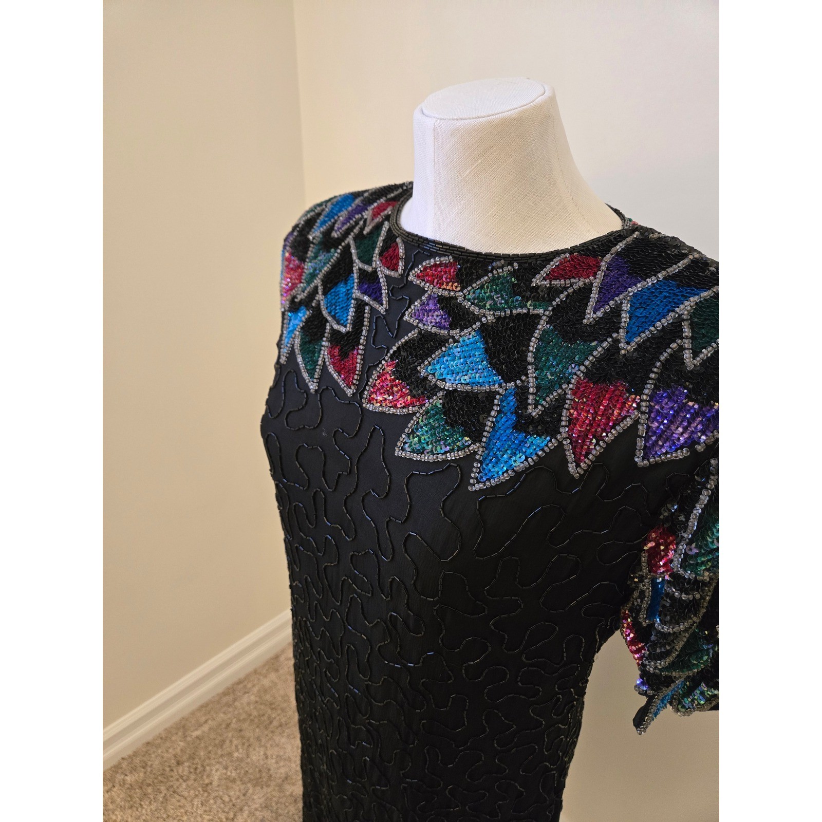 Vintage Silk Sequin Beaded Cocktail Dress Art Deco Sleeve Open Back Midi