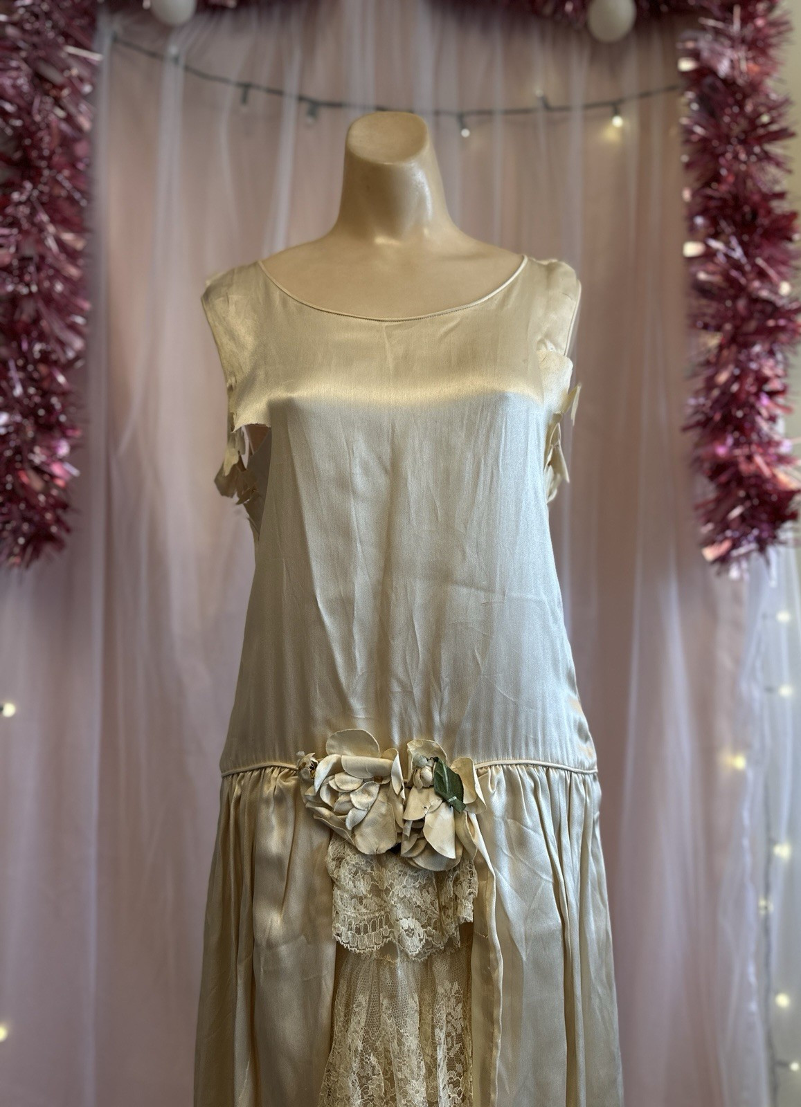 Vintage Antique 20s Flapper Wedding Dress Ivory Lace Drop Waist As Is S