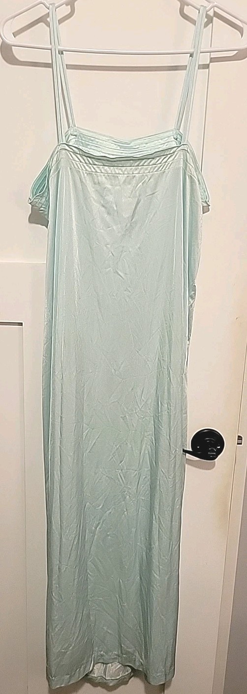 Vintage Spaghetti Strap Night Gown & Belted Robe Set Satin Pale Blue Pastel Trim