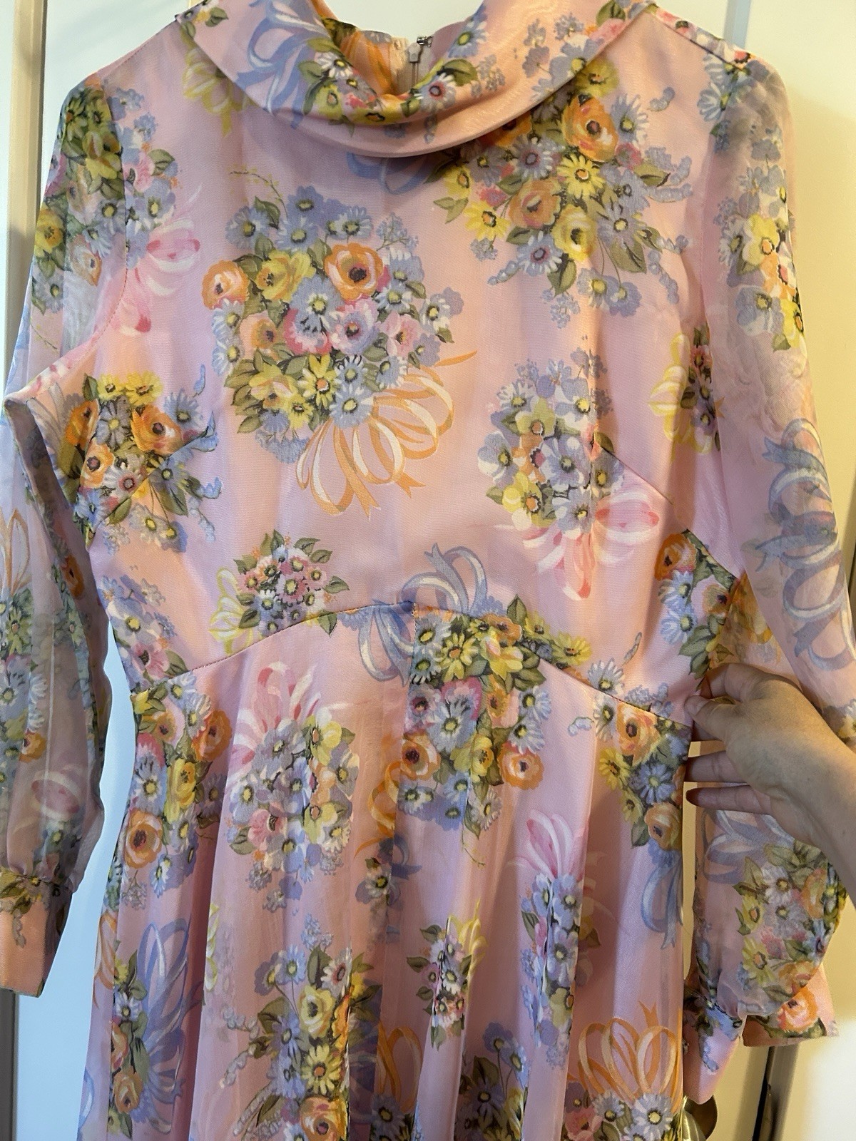 Avalon Classics Pink Floral Chiffon Maxi Dress Gown Sz 12 Cottage ILGWU Label