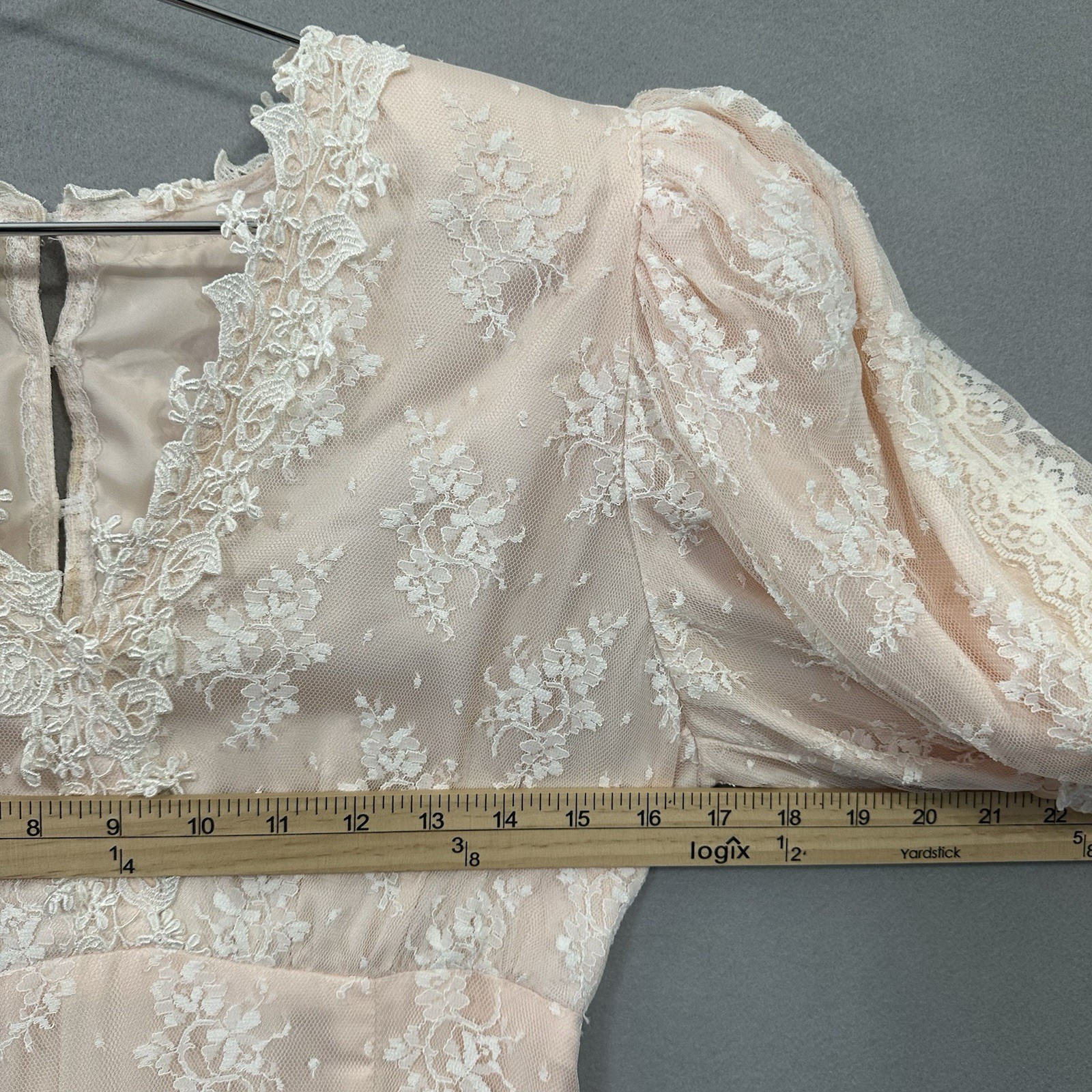 Vtg Jessica McClintock Romantic Victorian Floral Lace Dress Peach Cream SZ 8 USA