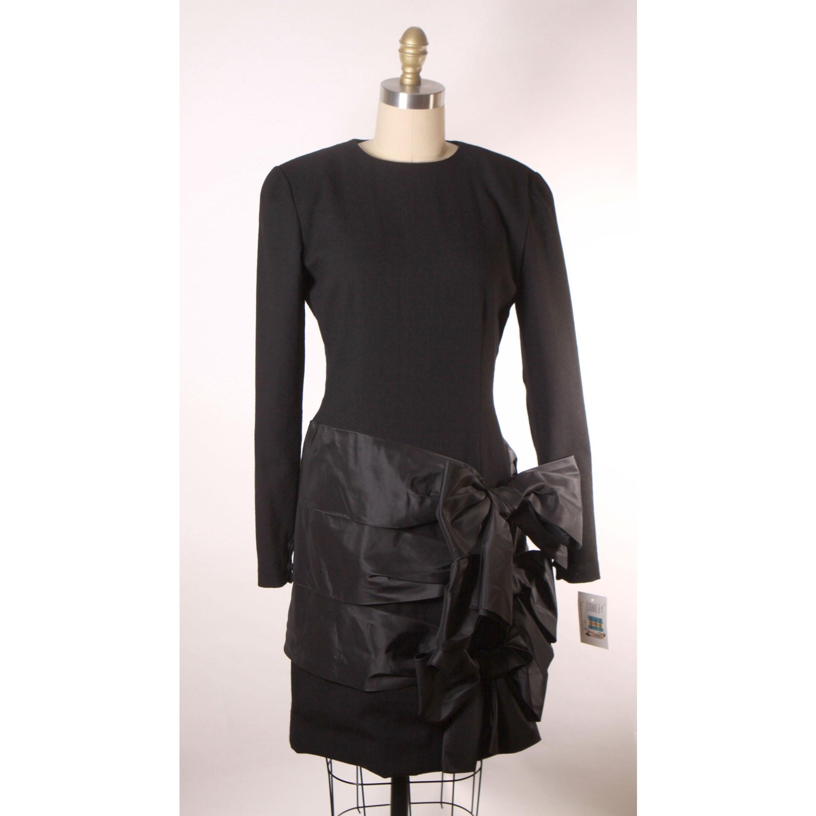 1980s Black Long Sleeve Oversized Bow Formal Cocktail Dress by Bill Blass