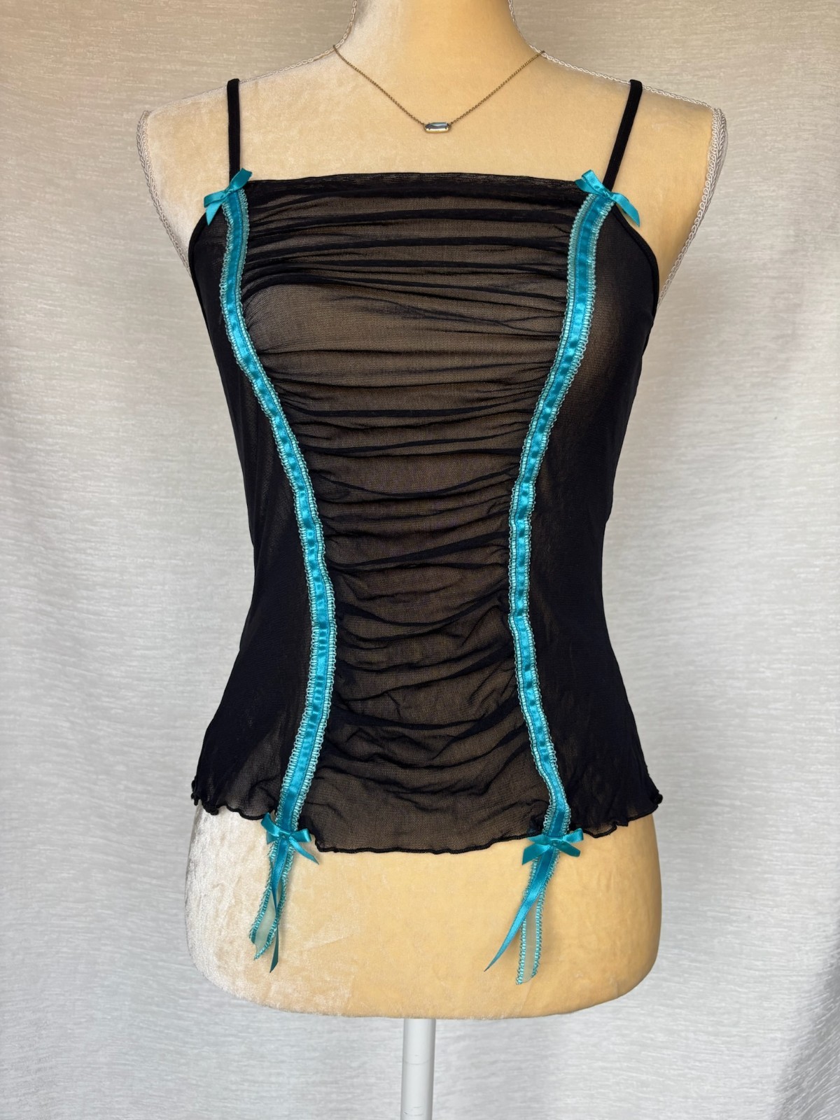 Vtg Y2K Victoria&rsquo;s Secret Black Mesh Camisole Blue Ribbon Ties Sheer Top! M