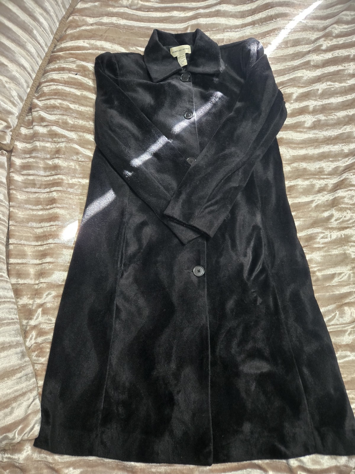 Vtg Newport News Maxi Jacket Duster Sz 8 Black Velveteen Wavy Print