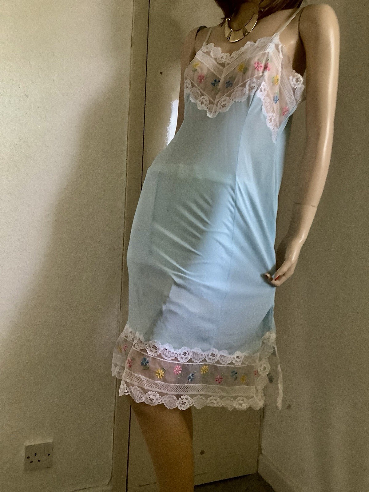 Vtg Mint Sheer Perlon Nylon Deep MultColoured Lace Full Slip Petticoat 14 (EU 42