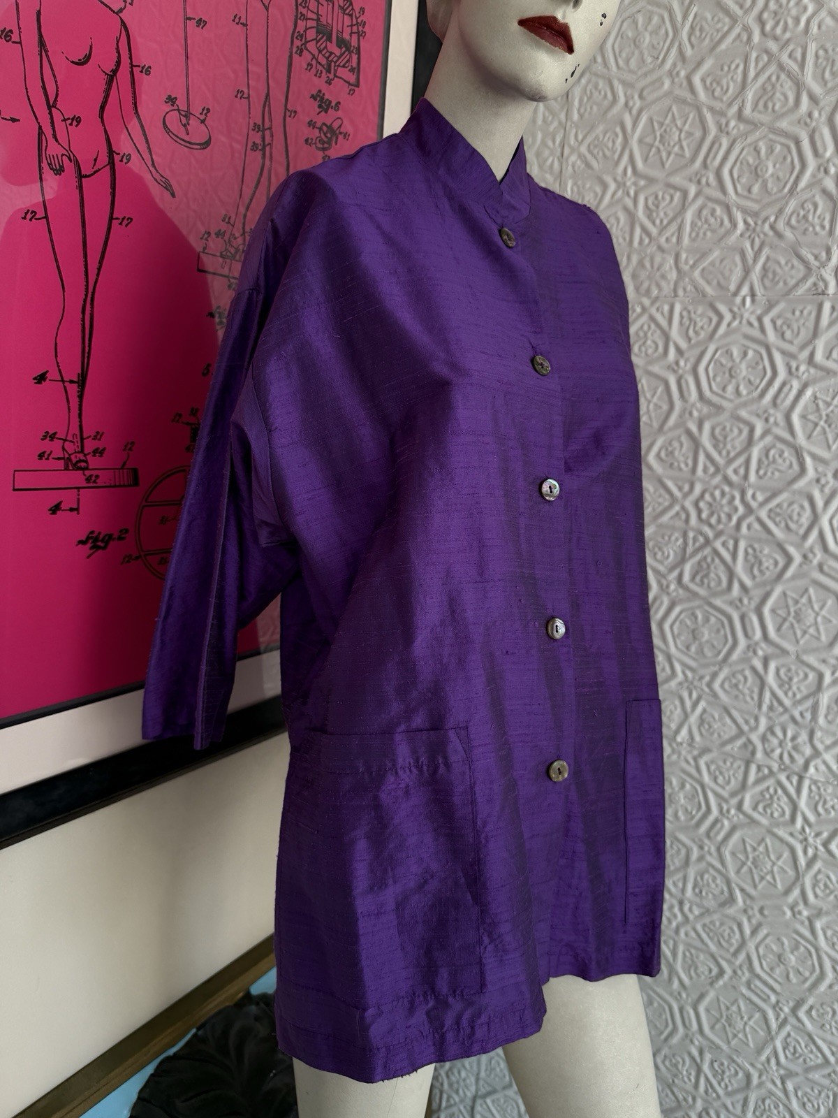 Vintage 1990s silk blouse purple mandarin collar minimalist art to wear Gerties