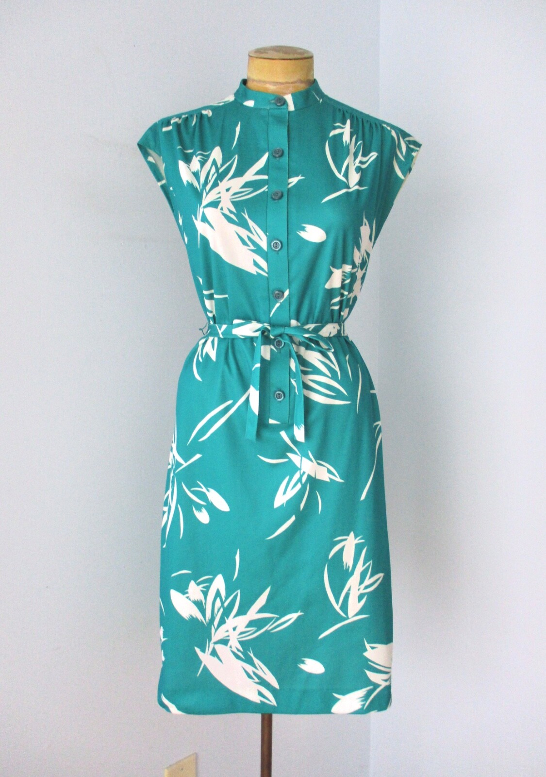 Vtg 70s Teal Green Poly Knit Tropical Hawaiian Silhouette Dress Tie Belt 8P