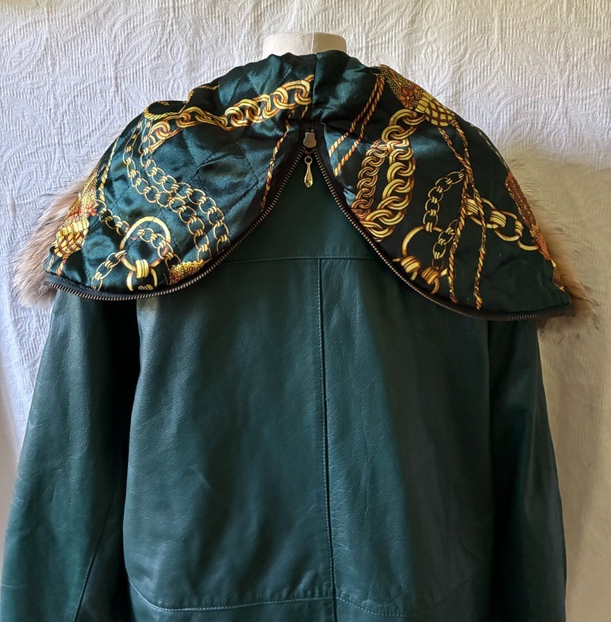 Jacqueline Ferrar Forest Green Leather Parka Coat Women&rsquo;s Large Coyote Fur Hood