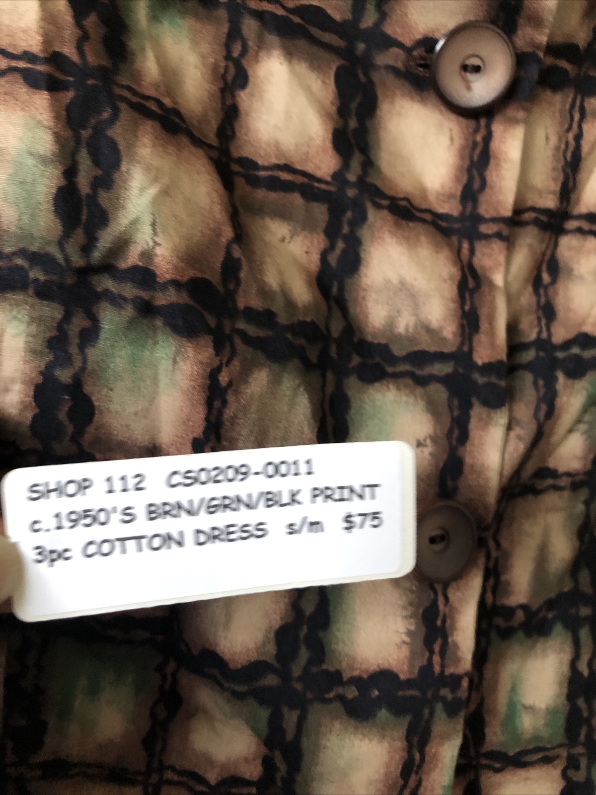 VTG 1950s 3pc Cotton Dress Set Brown Green Black Print Size S/M New Old Stock