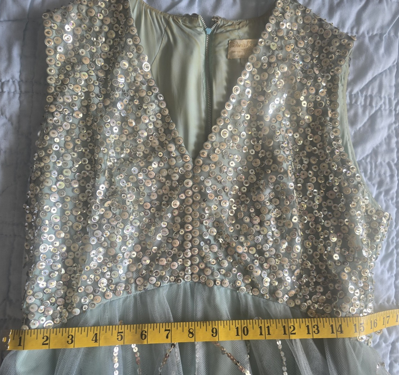 Victoria Royal Ltd. Vintage 60s Beaded Ice Blue Silk Formal Prom Dress size 18