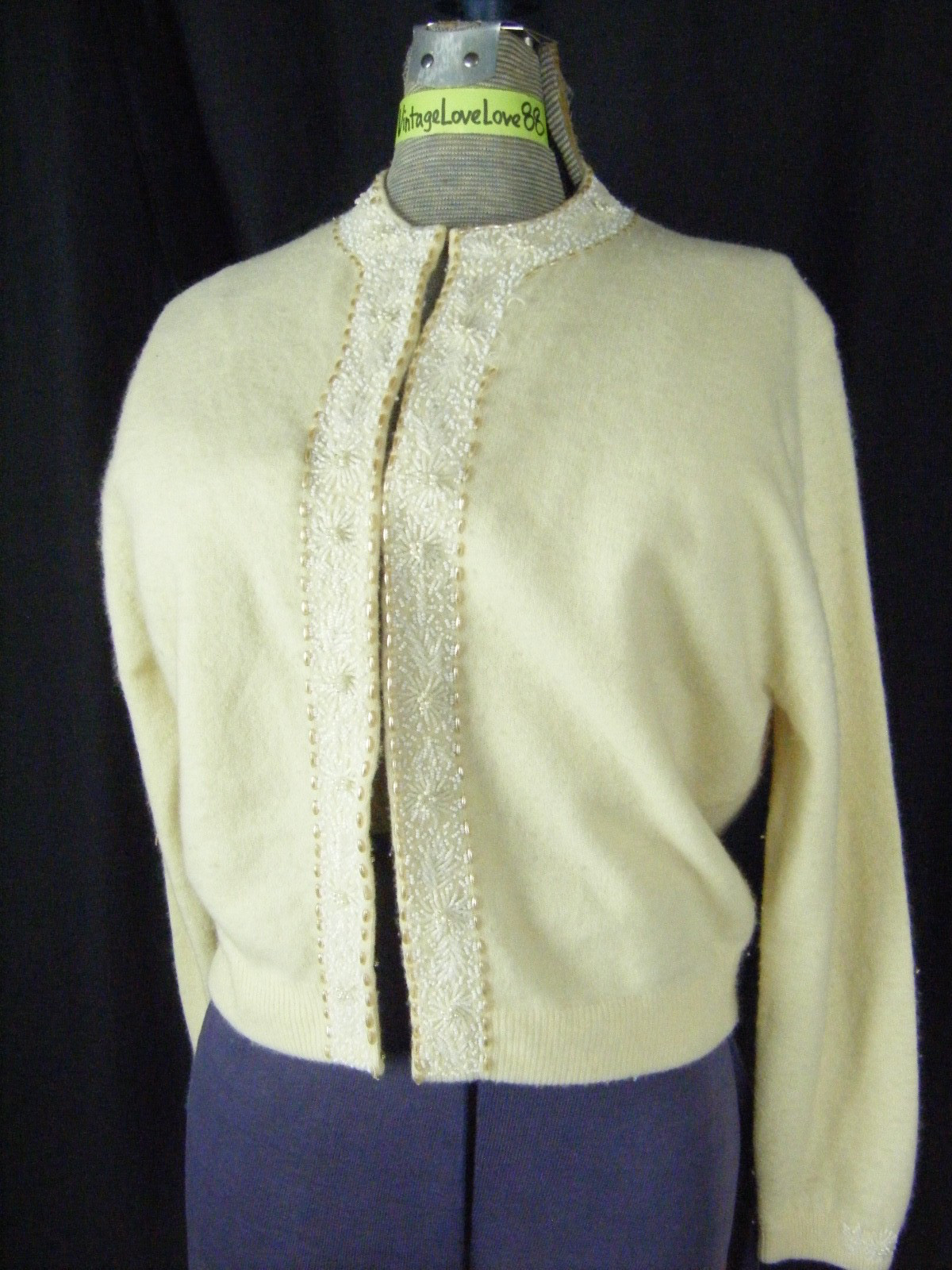 MILLAY Vtg 60-70s Cream Angora Wool Blend Cardigan Sweater w/Beads-Bust 40/S-M