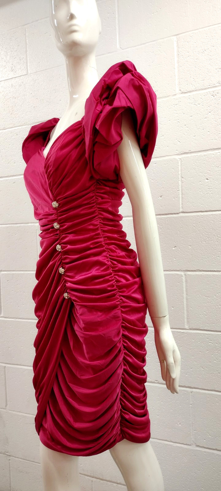 1980s Couture Dress Pink Fuchsia Balloon Sleeve Rhinestone Buttons SAMIR 80s M