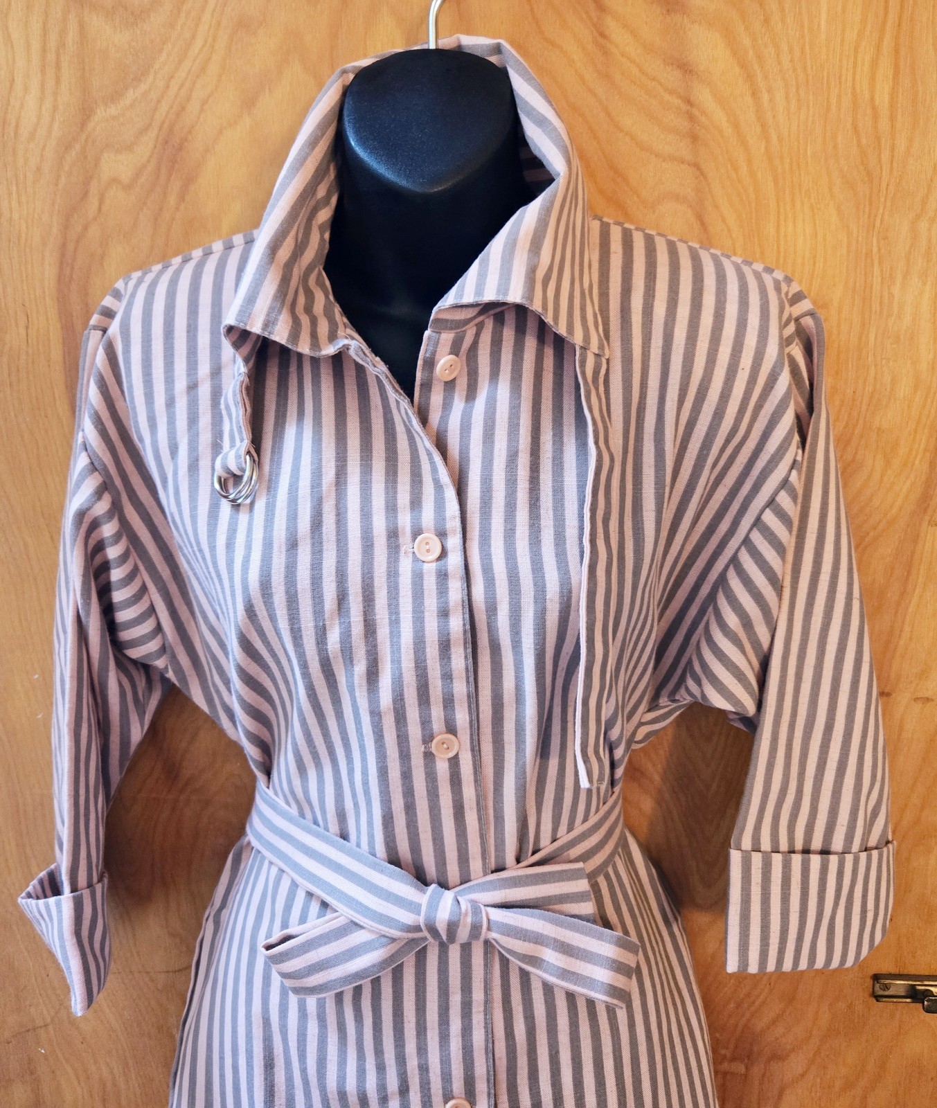 1980s Shirt Dress Pink Stripes Self Belt D-Ring Neck Detail Brioche California S