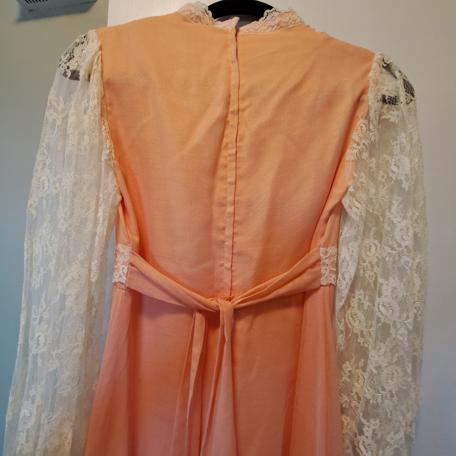 Vtg 70s Peach Chiffon Lace Prairie Granny Victorian Prom Maxi Gown Sz 7/8 Flaws