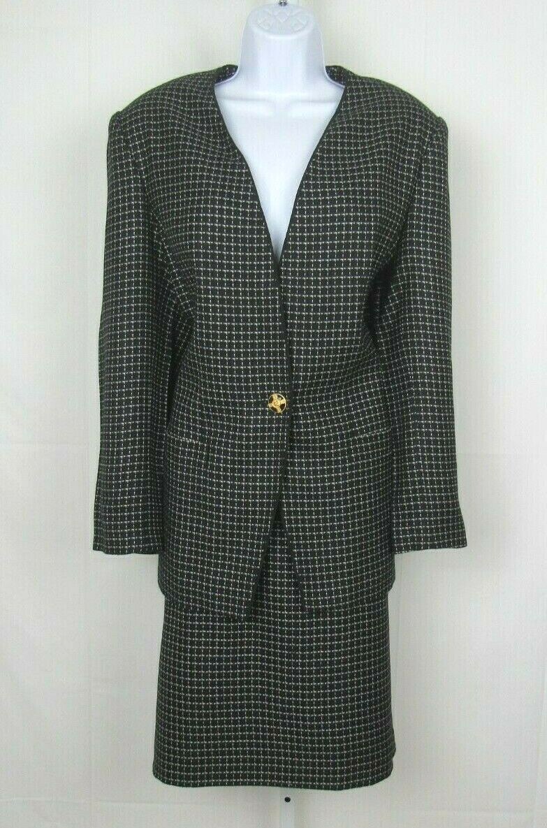 VTG 1973 KASPER SIZE 14 SKIRT AND JACKET SUIT BLACK WHITE CHECKER POLY RAYON
