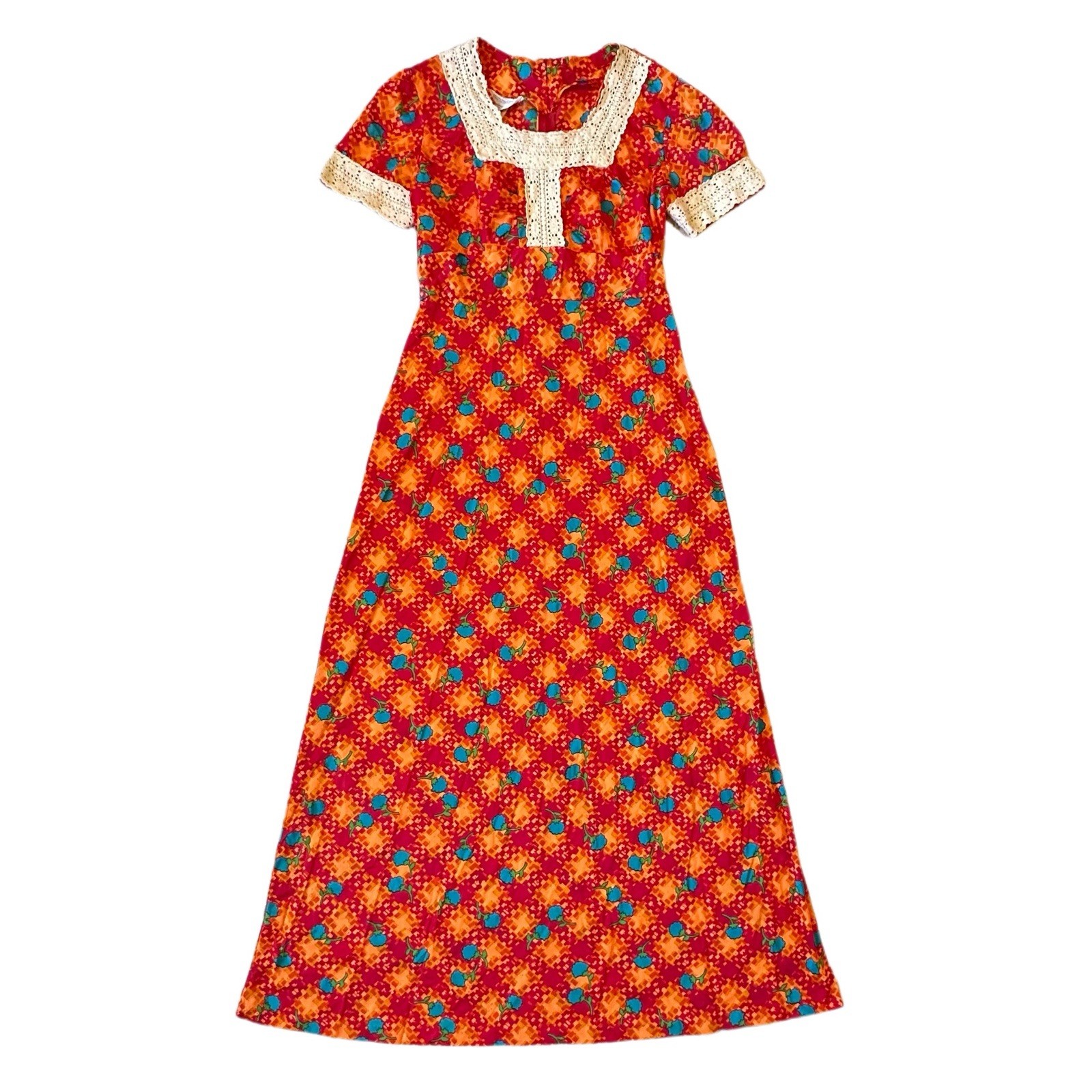 Vintage 70s JC Penny Nylon Dayglo Prairie Disco Crochet Orange Maxi Dress Vtg 17