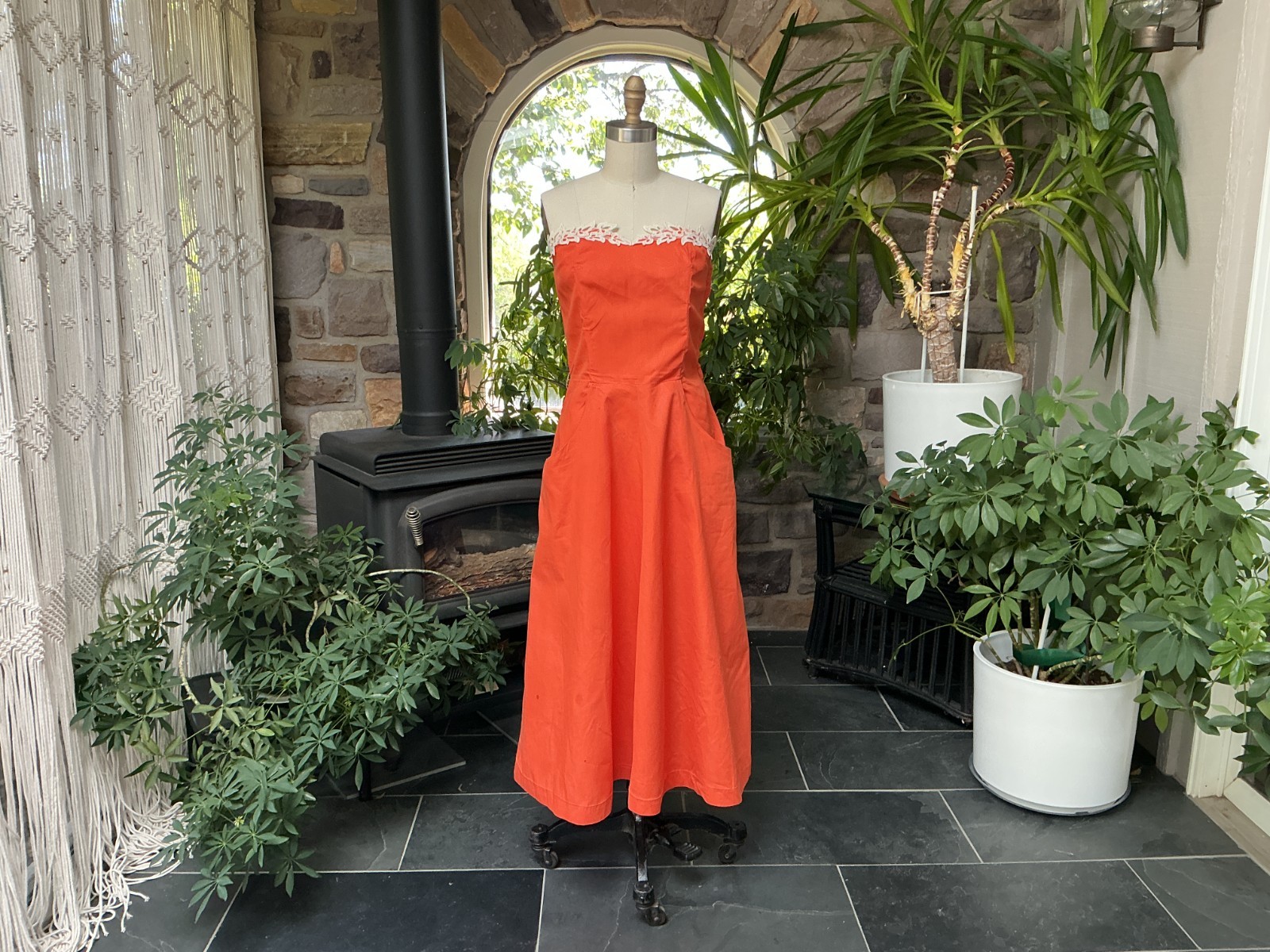 Vintage 1950s Orange Cotton Strapless Dress Matching Waist Jacket Wounded Bird