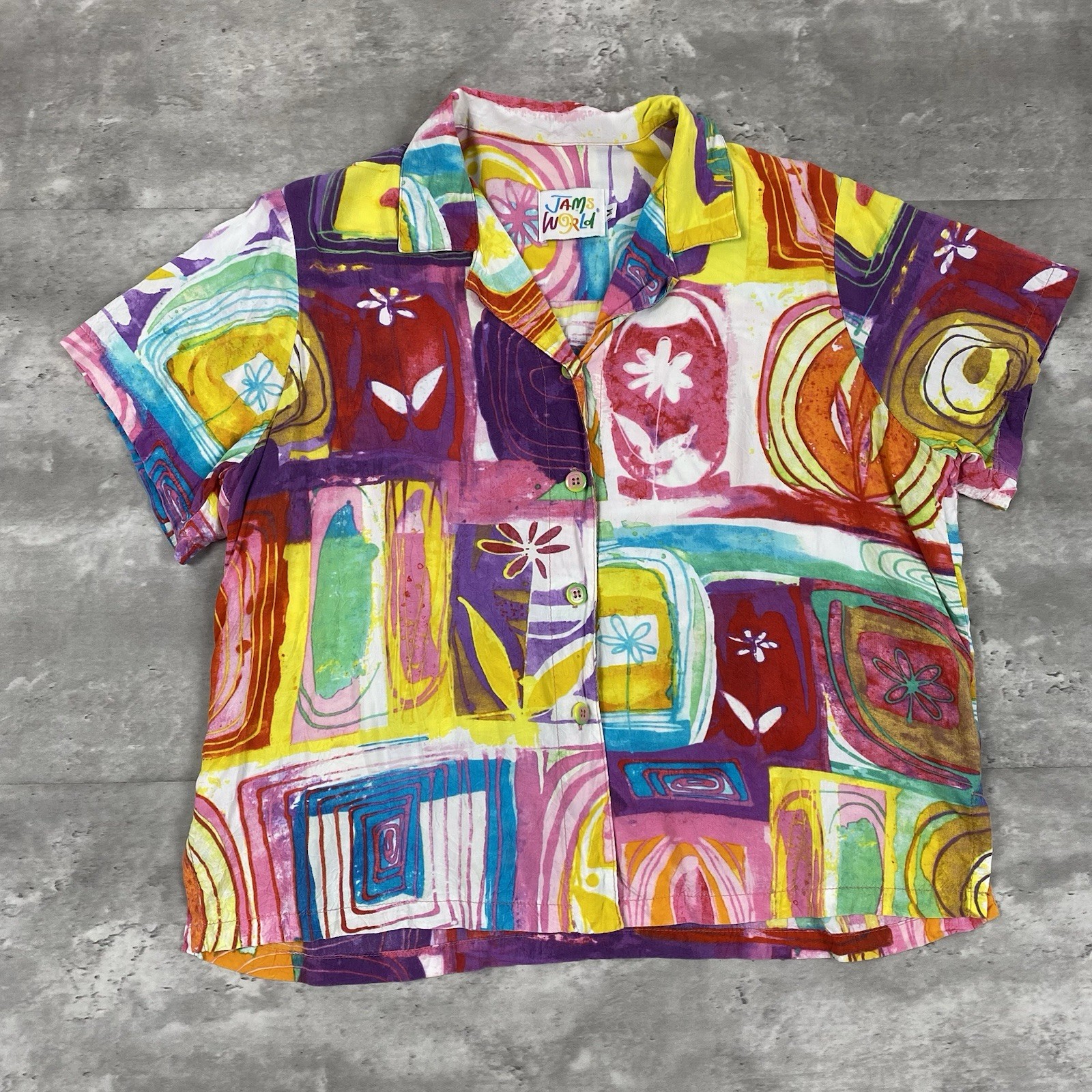 vintage JAMS WORLD EYE CANDY shirt Women M rayon Hawaiian colorful button up