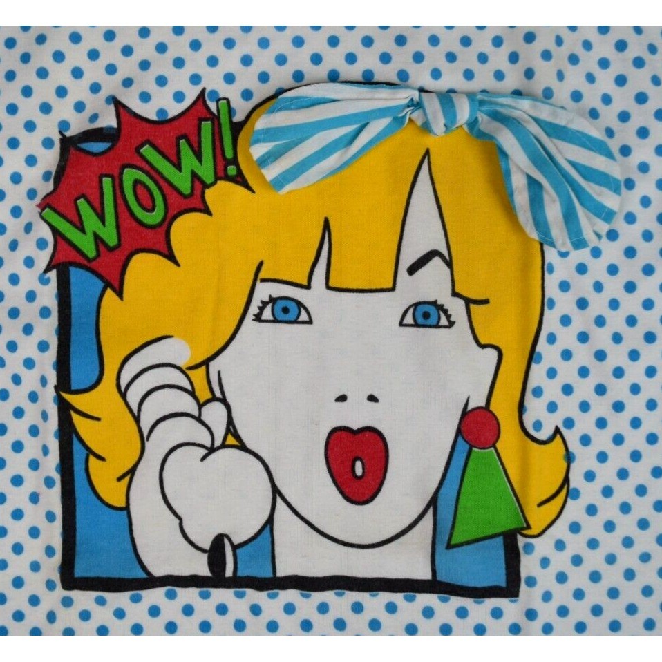 Vintage T-Shirt Pop Art Girl Size S/M 70s 80s Blue Polka Dot Blonde Hair and Bow