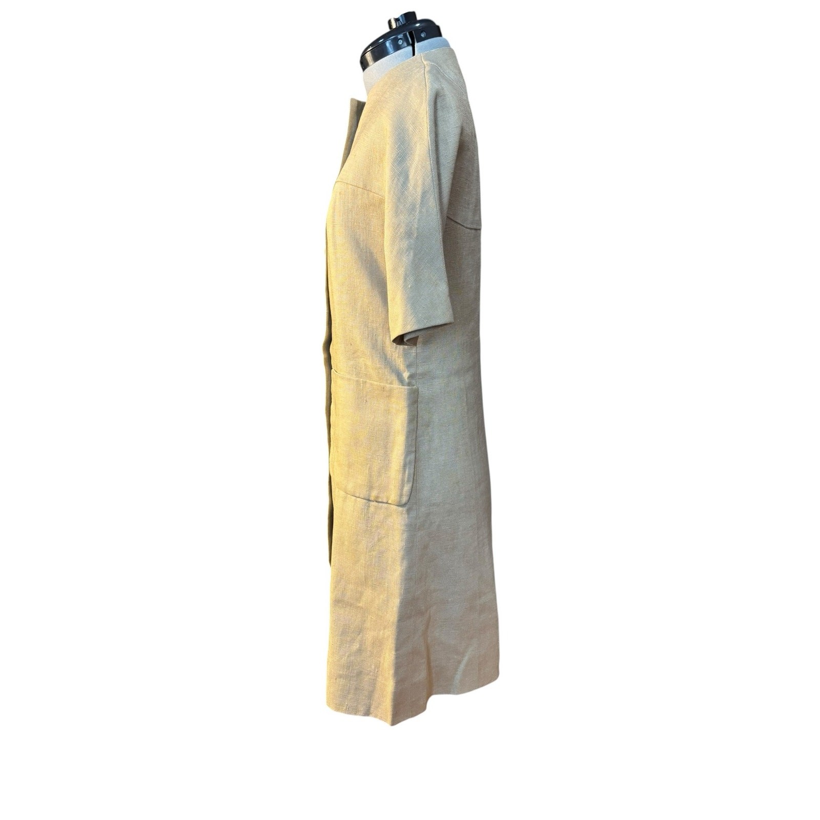 Oatmeal Linen Mod Dress 1960s Shell Button Shift Jackie O Pockets 36 38