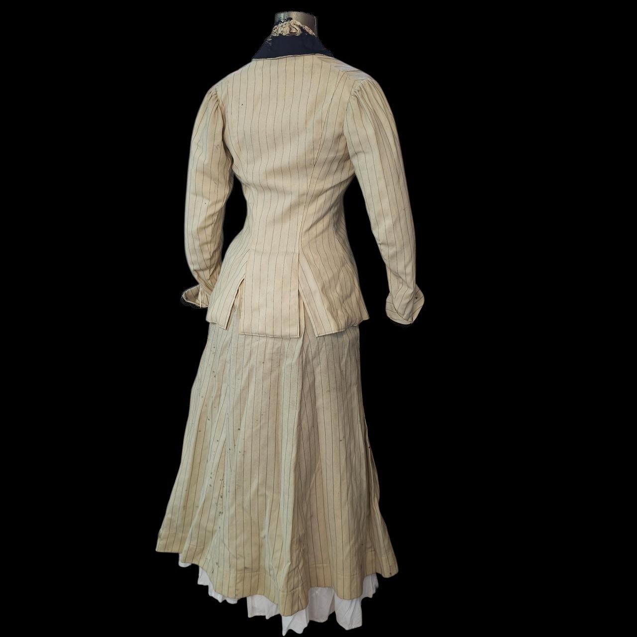 Antique Walking Suit 2 Pc Cream Pinstripe Purse Dress Black Trim Blazer Jacket
