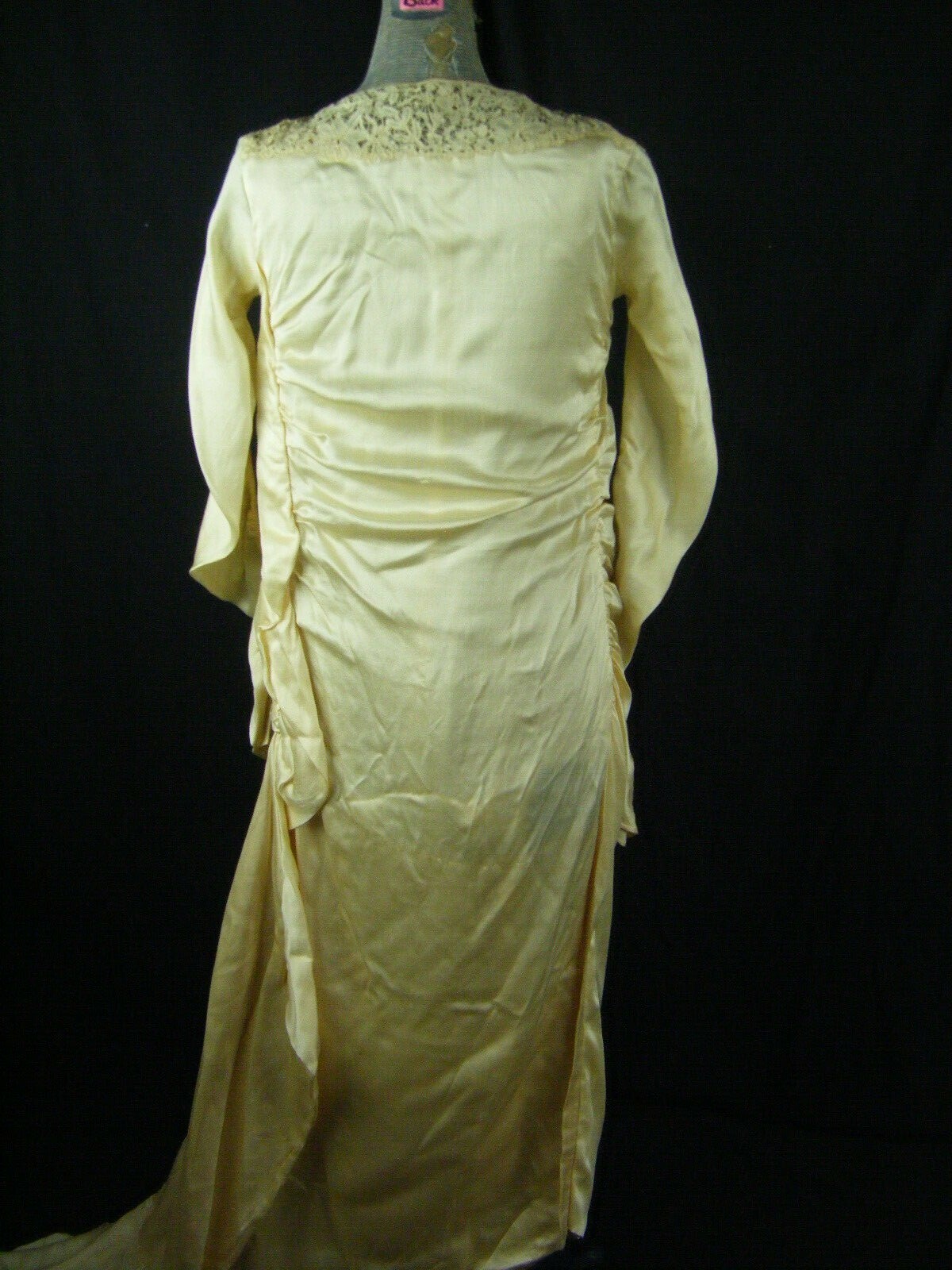 Antique 1920s Ivory Lace Silk Flapper Wedding Dress & Beaded Veil-Bust 36/2XS