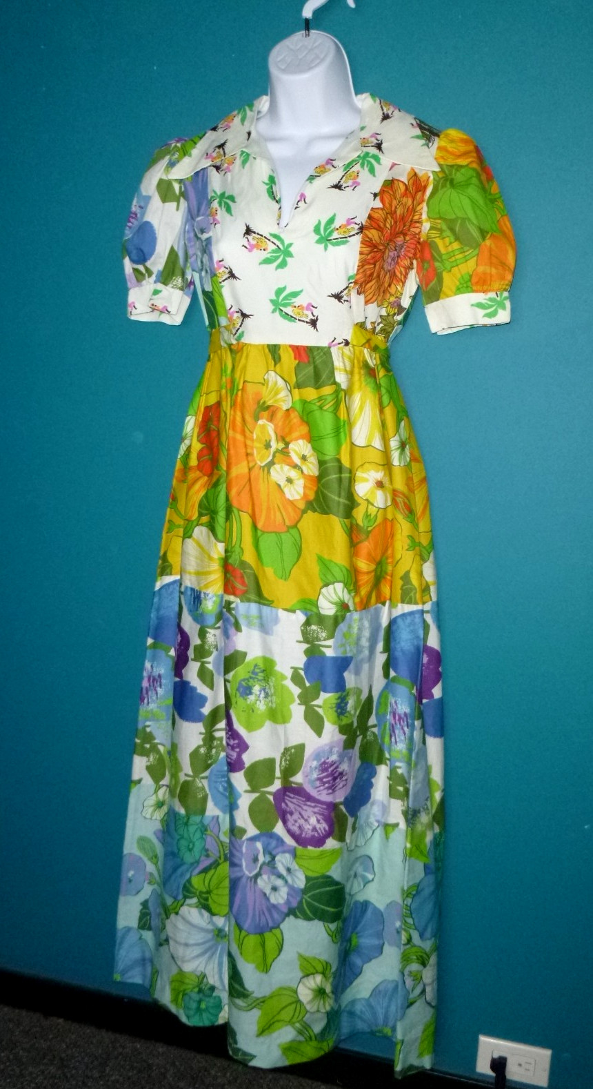 Vtg 60s 70s STUNNING Patchwork Floral Prairie Style Maxi Dress Sz S/M
