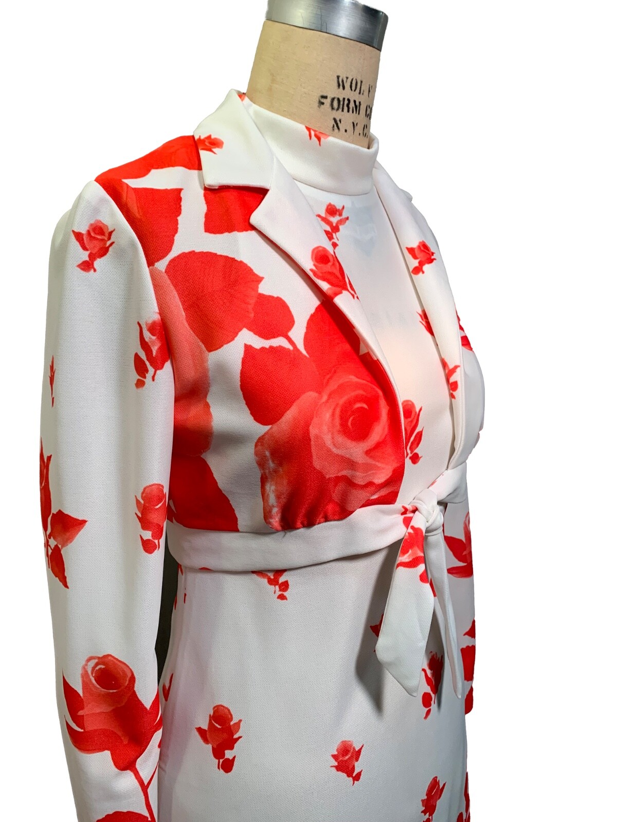Vintage Pop Art White Polyester Gown with Red Roses – 2-Piece Ensemble – Sz S
