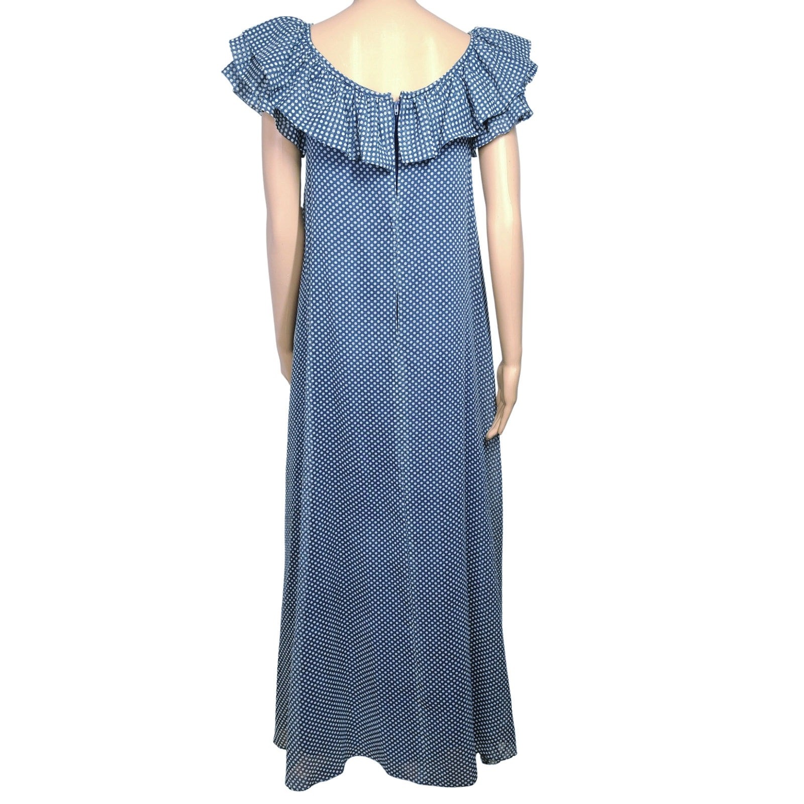 70s Joseph Magnin Blue Polka Dot Evening Gown Maxi Ruffled Neckline Dress Size 8