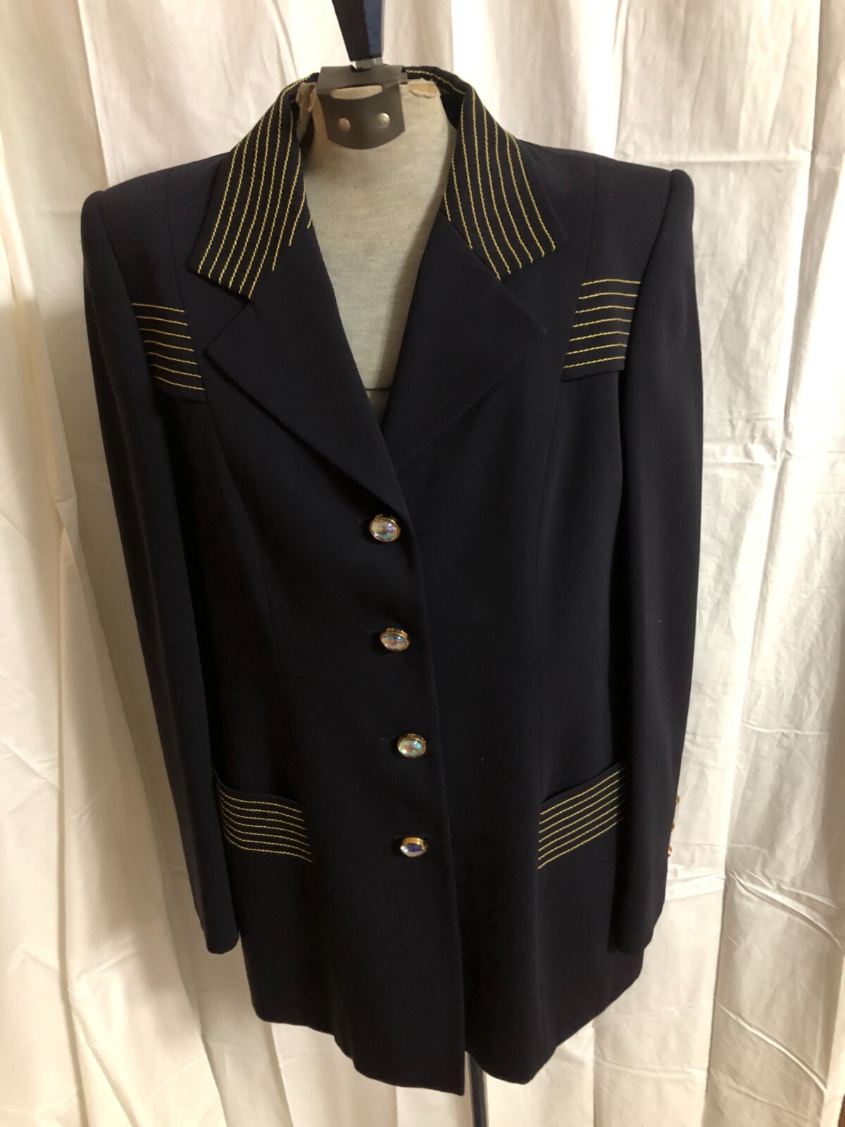 Escada Margaretha Ley Shoulder Pads VTG Navy Blue Gold Thread Blazer Jacket 35