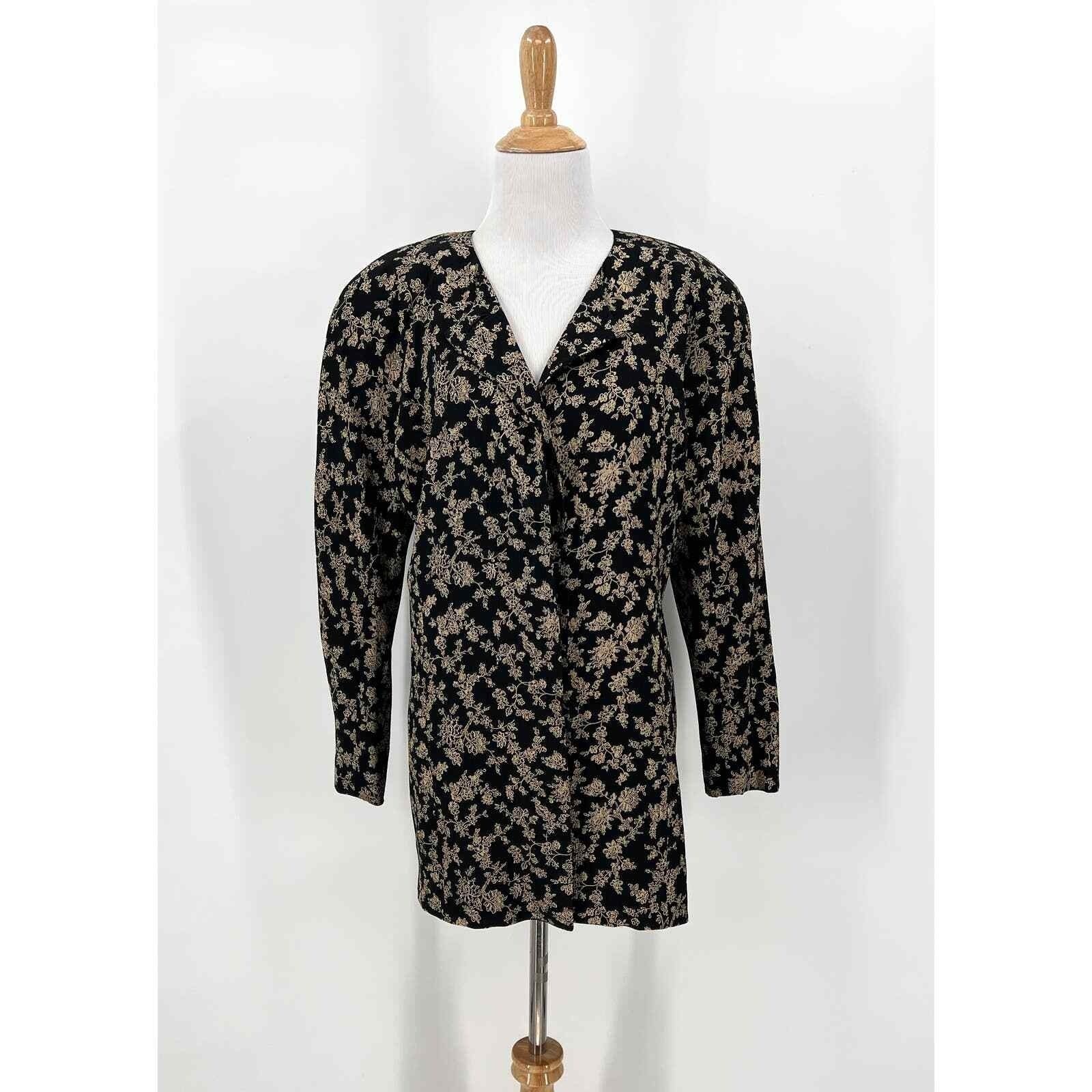 CHLOE Vintage Shirt Jacket Women 40 Black Tan Long Sleeve Floral Print Retro