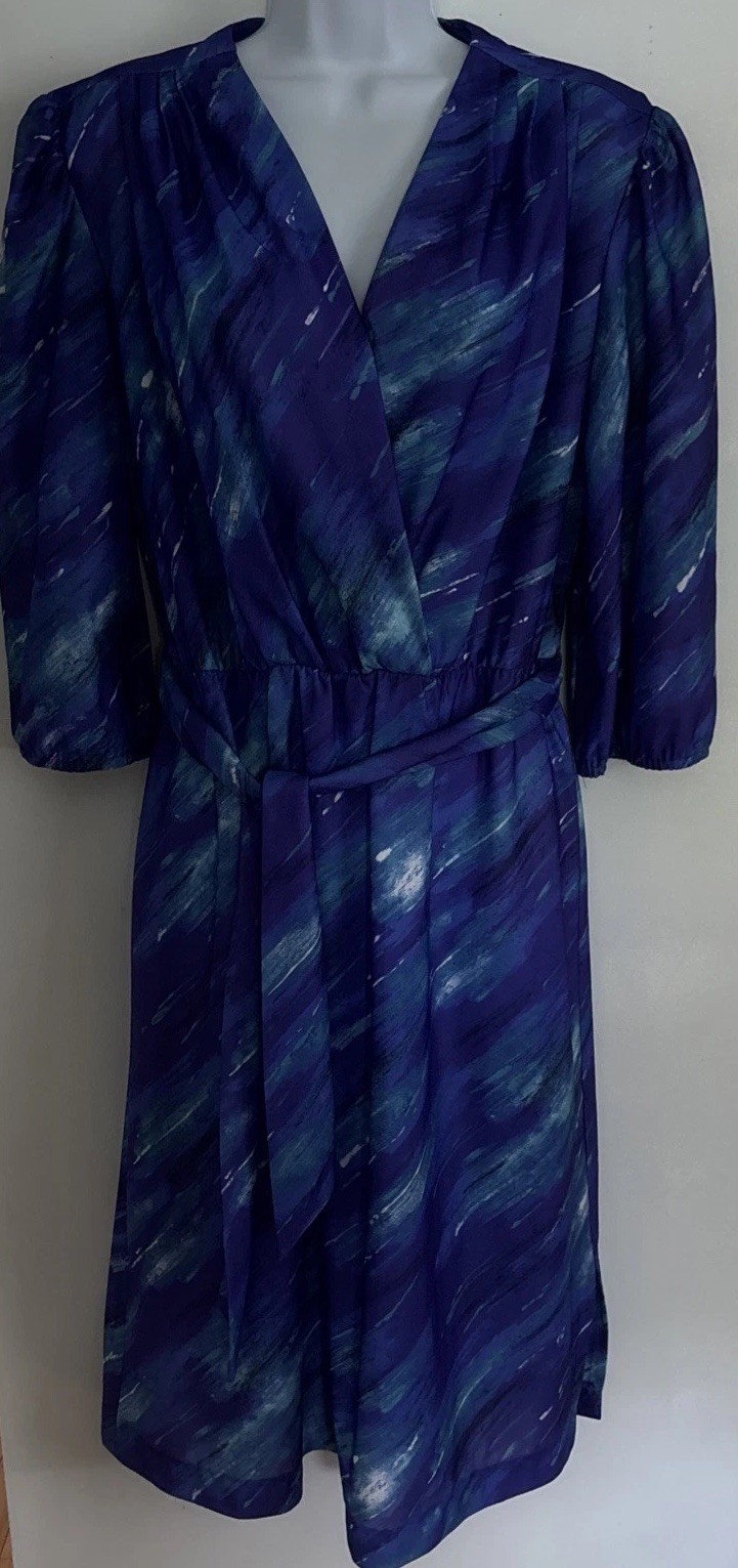 Vintage 1980s Dress By California Looks Women&rsquo;s 12P Collared Blue & Purple