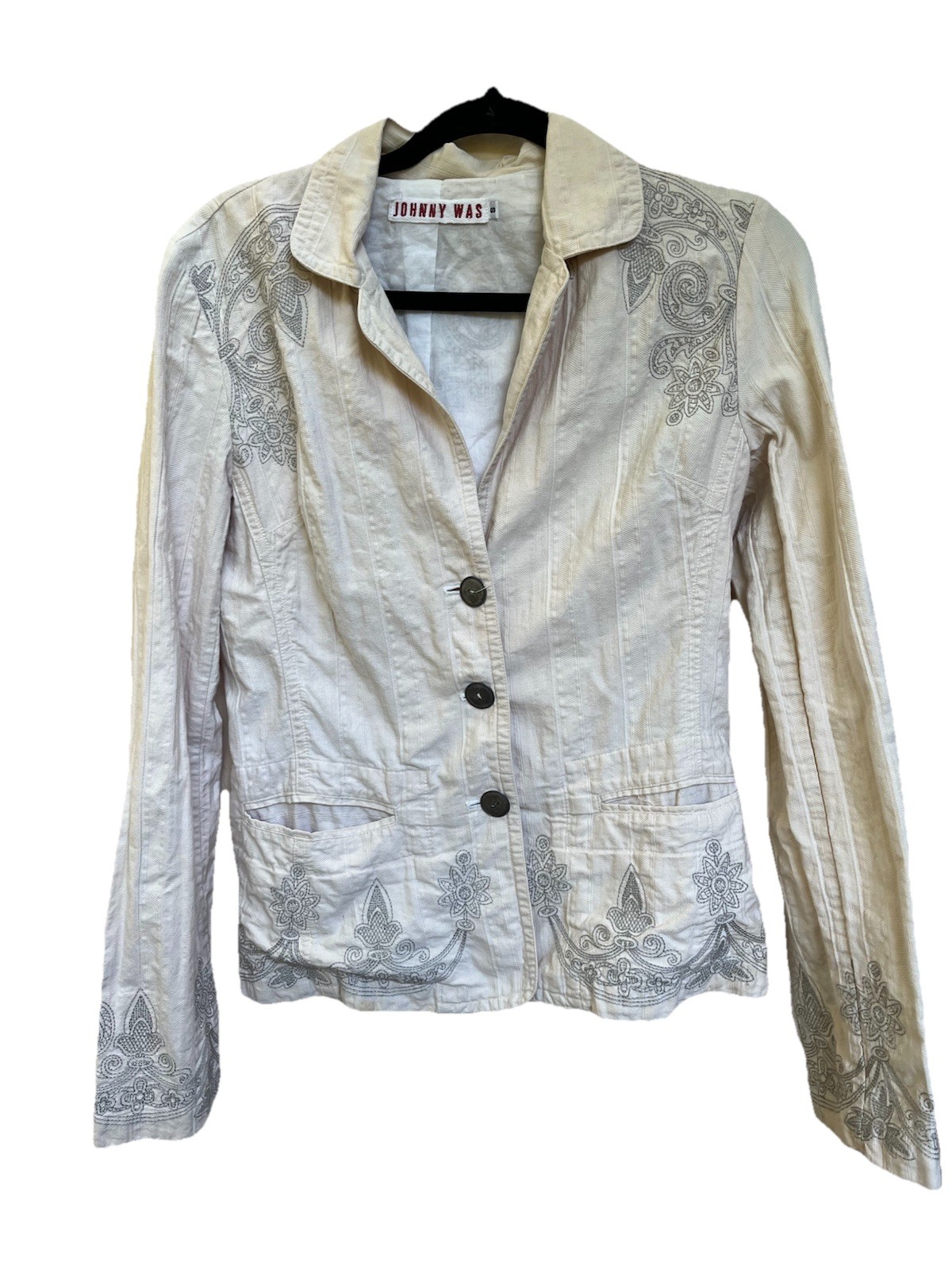 Johnny Was Vintage Cream S Blazer Jacket Grey Design Textured Fabric 3 Button