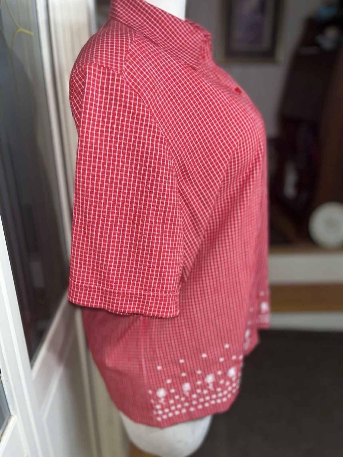 TanJay 18W Red White Gingham Embroidered Button Front Blouse Plus Size Retro