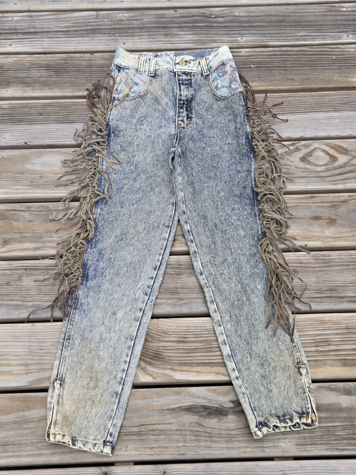 👀Vintage Fringe Acid Wash Jeans Womens Southwestern Floral Western Biker Pants