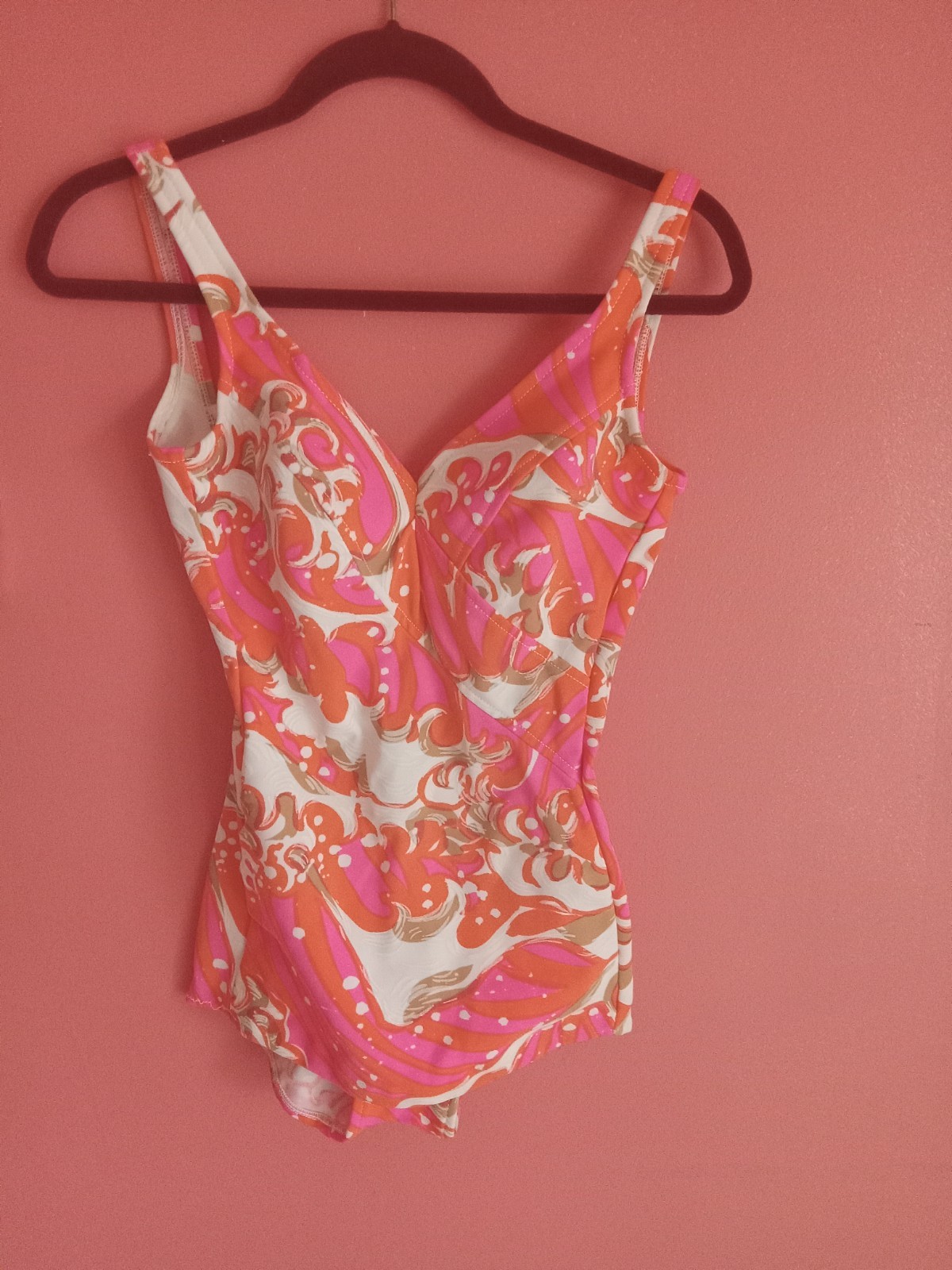 Vintage 60s Jantzen Psychedelic Mod MCM Bathing Suit Size 12 1 Piece Pink Orange